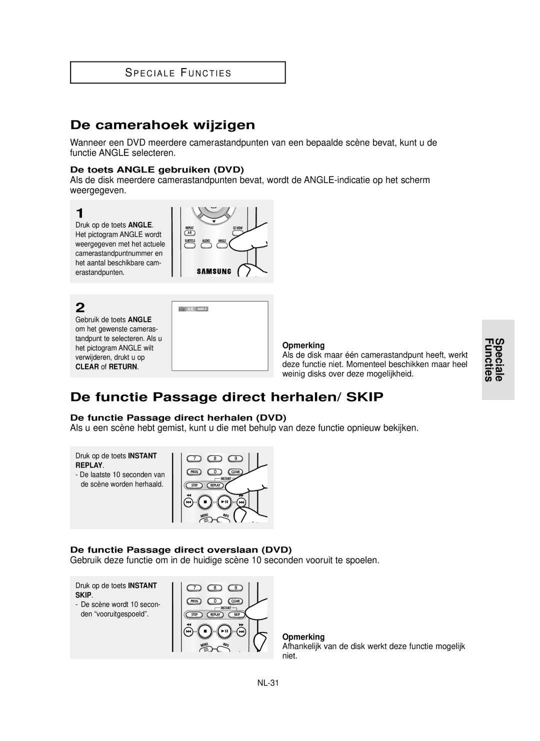 Samsung DVD-P355 manual De camerahoek wijzigen, De functie Passage direct herhalen/ Skip, De toets Angle gebruiken DVD 