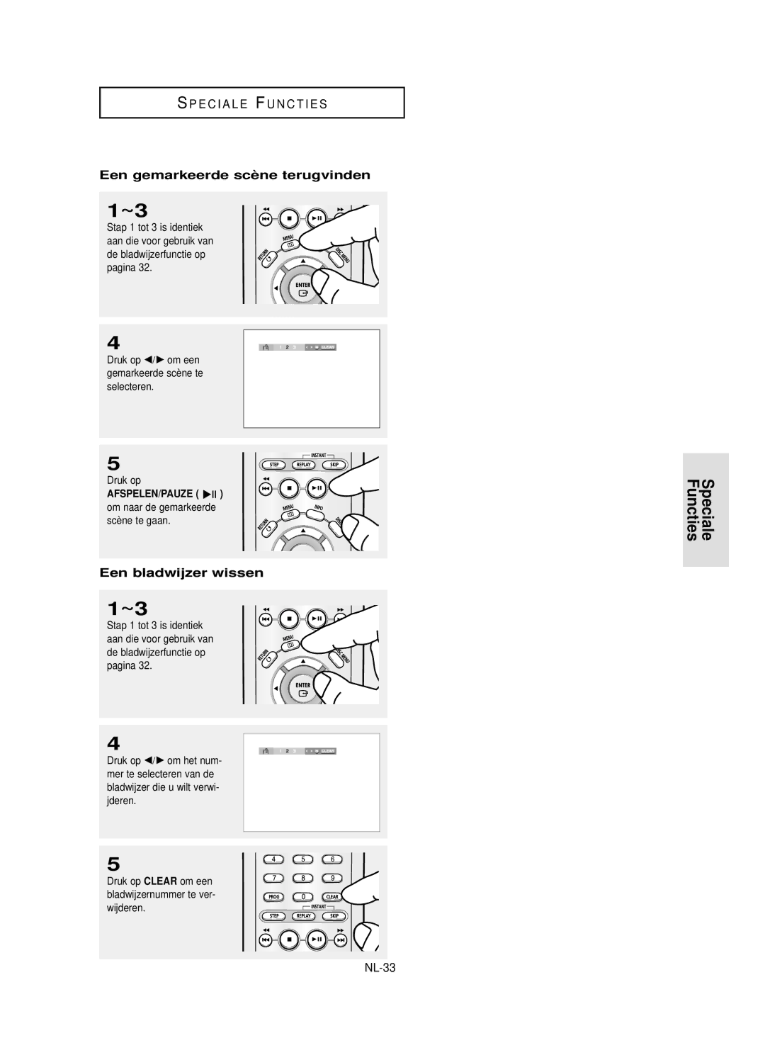 Samsung DVD-P355 manual Een gemarkeerde scène terugvinden, Een bladwijzer wissen, NL-33 