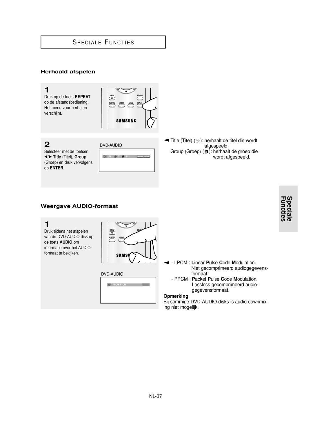 Samsung DVD-P355 manual Functies, Herhaald afspelen, Weergave AUDIO-formaat, Lpcm, Formaat 