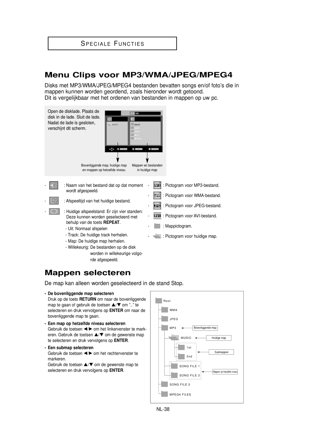 Samsung DVD-P355 manual Menu Clips voor MP3/WMA/JPEG/MPEG4, Mappen selecteren, NL-38, De bovenliggende map selecteren 