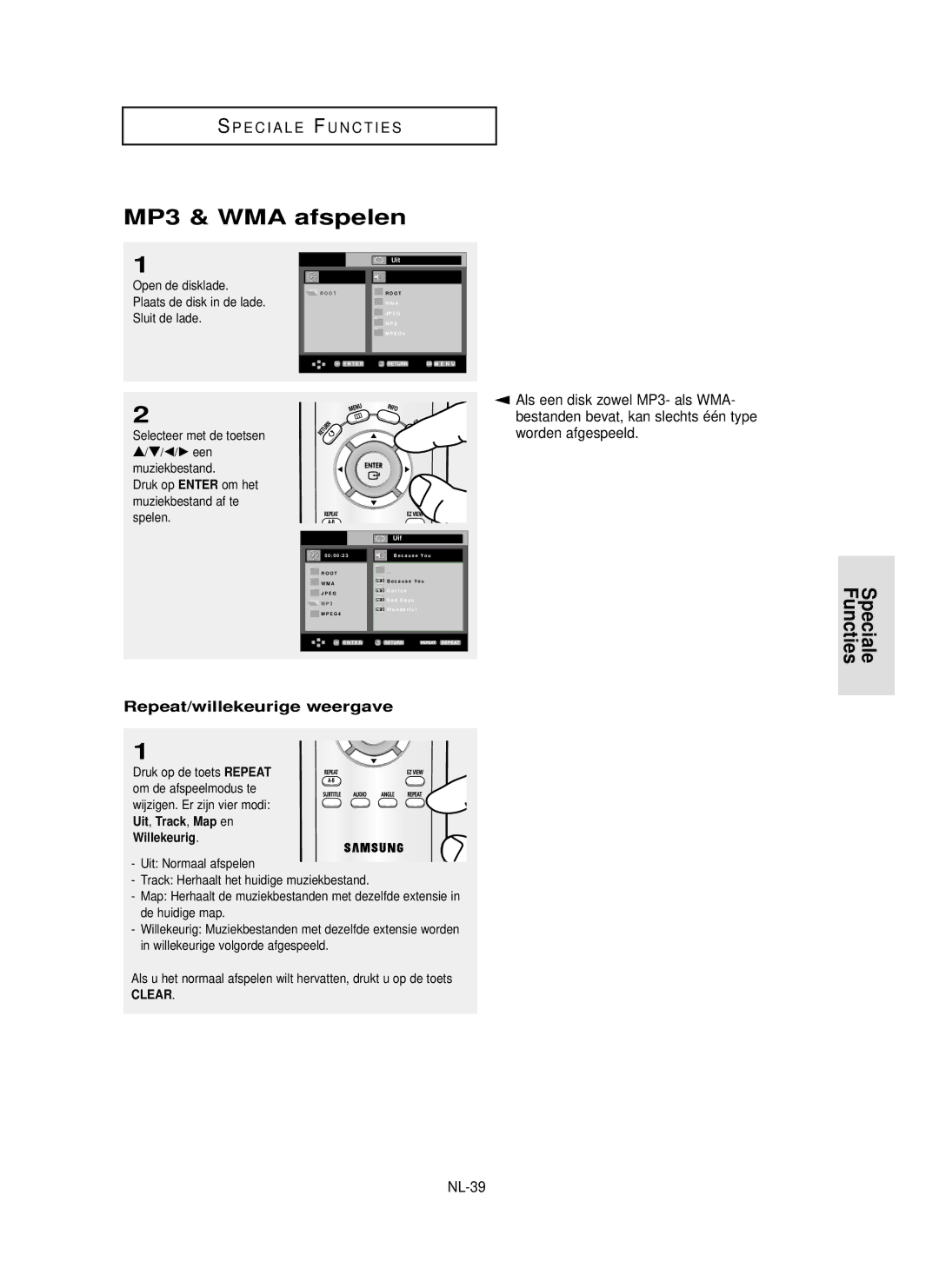 Samsung DVD-P355 MP3 & WMA afspelen, Repeat/willekeurige weergave, Worden afgespeeld, NL-39, Uit,Track,Map en Willekeurig 