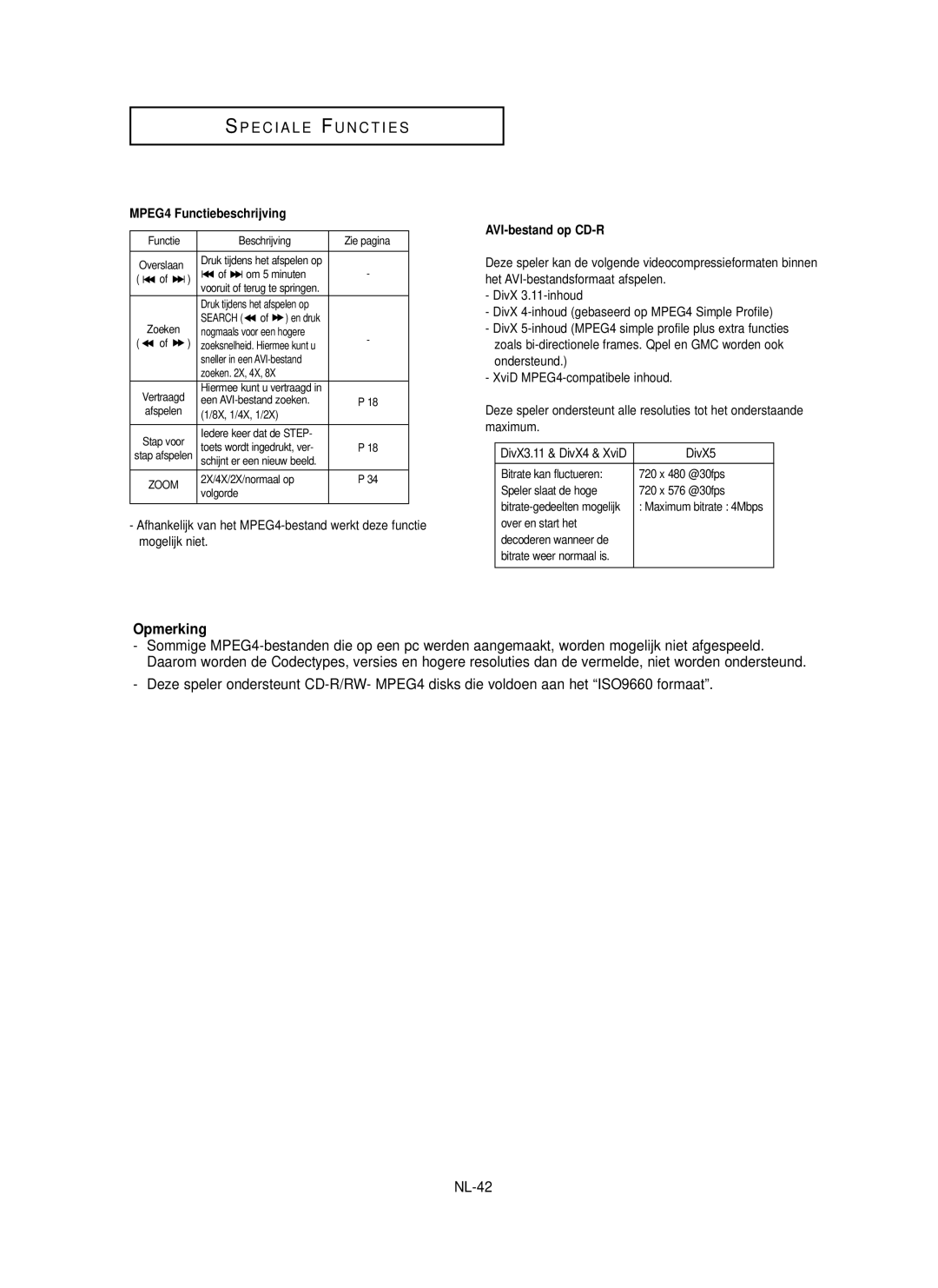 Samsung DVD-P355 manual MPEG4 Functiebeschrijving, AVI-bestand op CD-R, XviD MPEG4-compatibele inhoud 