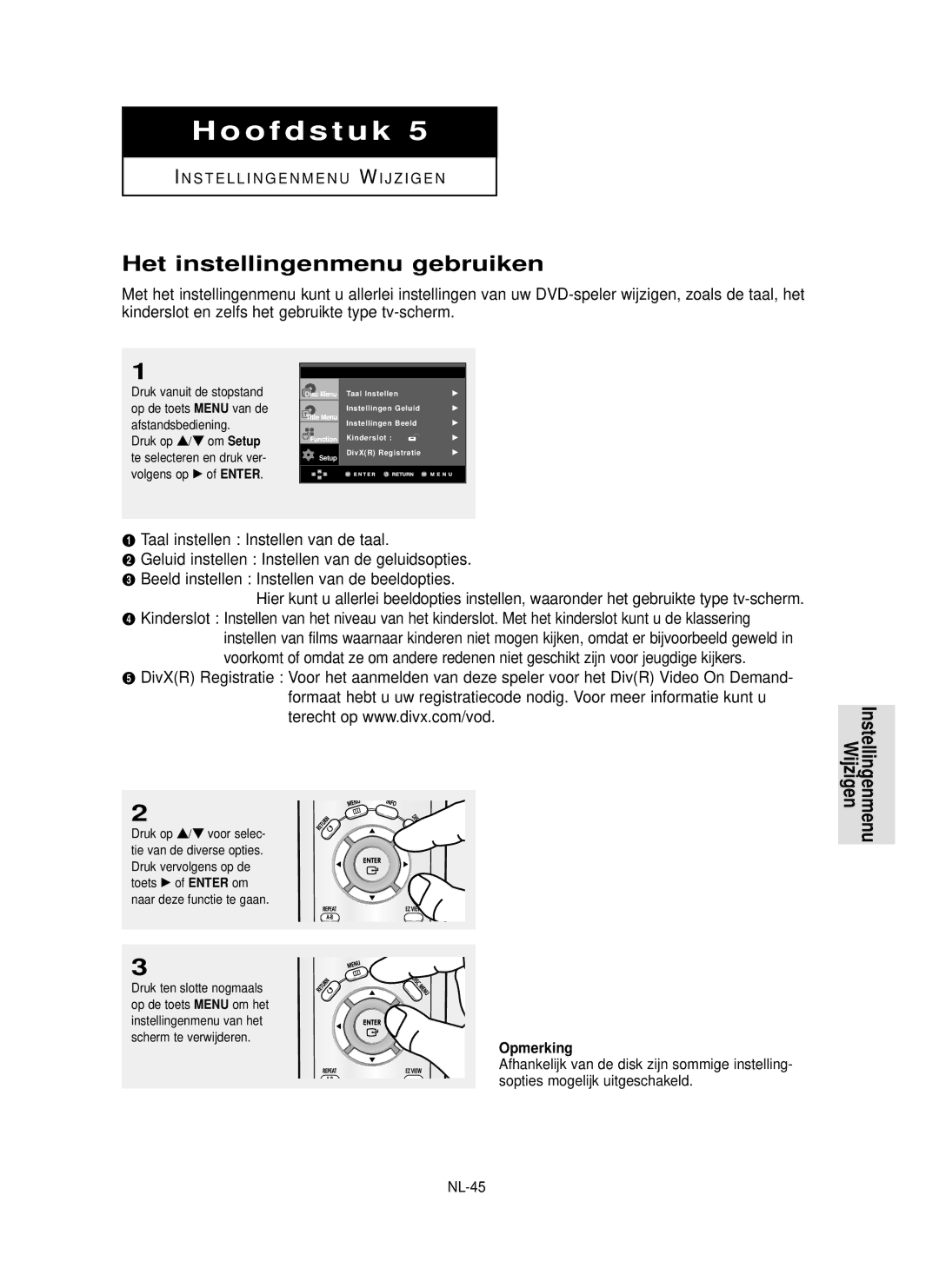 Samsung DVD-P355 Het instellingenmenu gebruiken, Taal instellen Instellen van de taal, Instellingenmenu Wijzigen, NL-45 