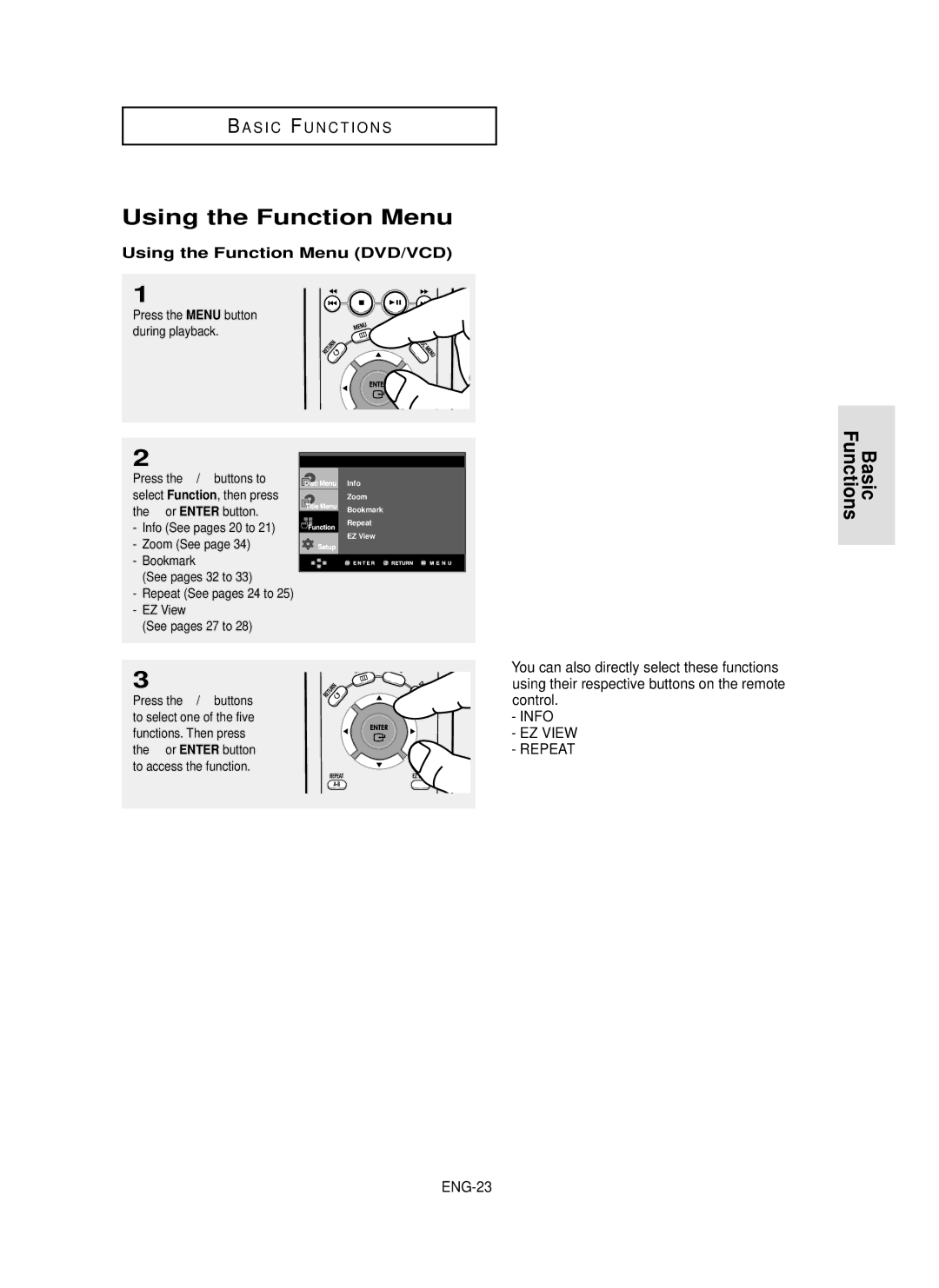 Samsung DVD-P355 manual Using the Function Menu DVD/VCD, Control, ENG-23 