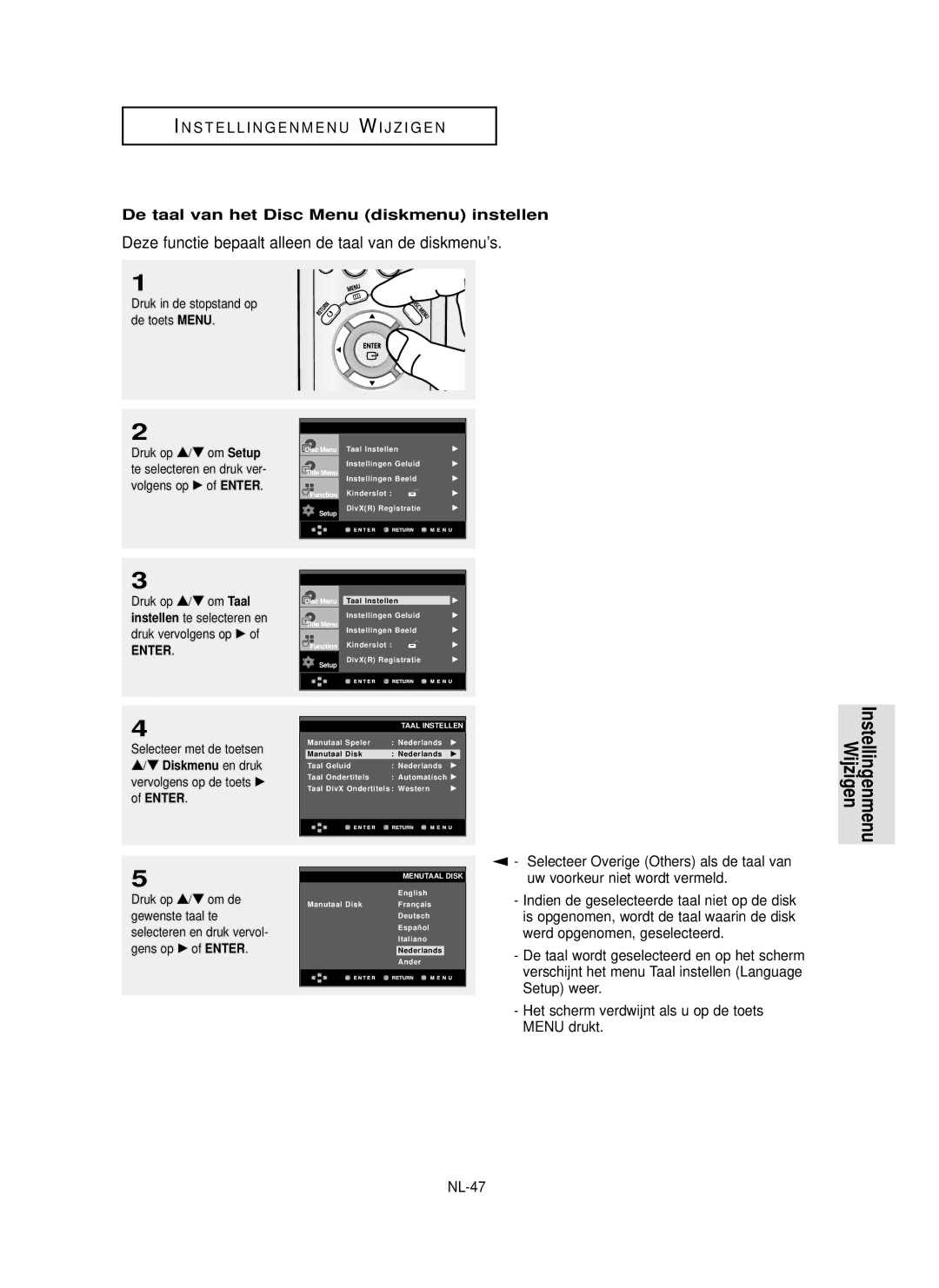 Samsung DVD-P355 manual Deze functie bepaalt alleen de taal van de diskmenu’s, De taal van het Disc Menu diskmenu instellen 