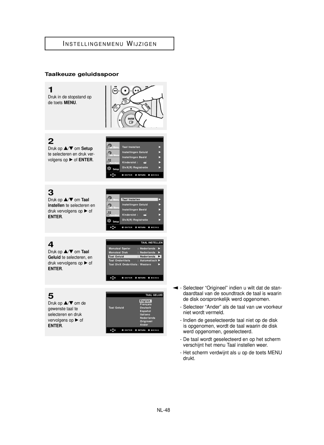 Samsung DVD-P355 manual Taalkeuze geluidsspoor, Selecteer Origineel indien u wilt dat de stan, Druk vervolgens op 