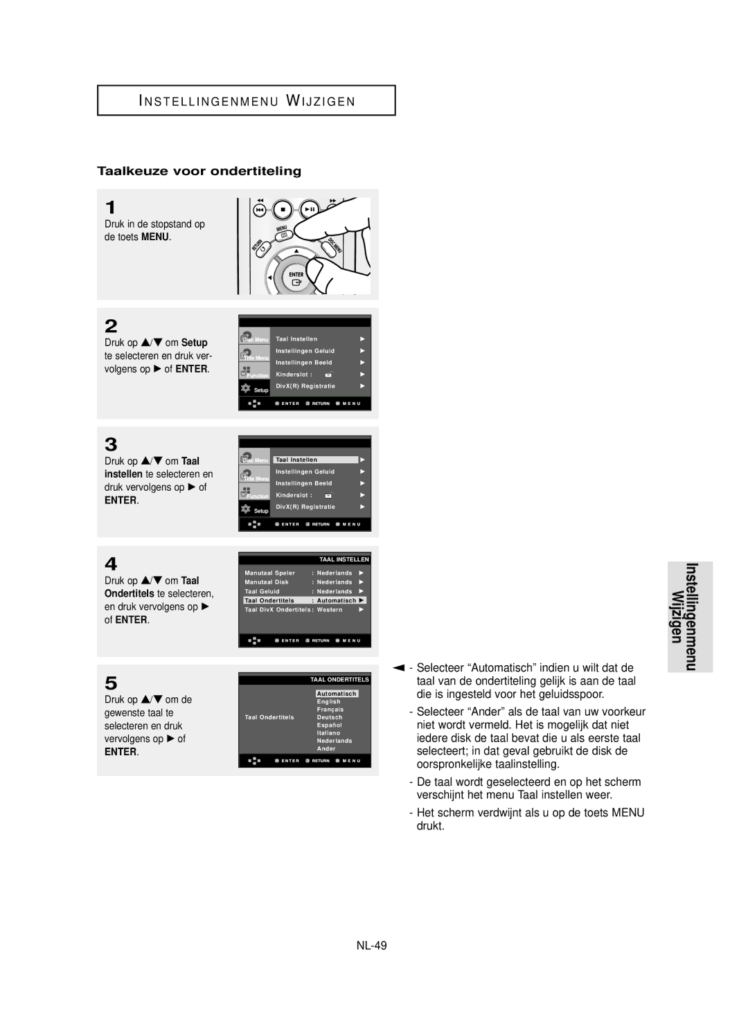 Samsung DVD-P355 manual Taalkeuze voor ondertiteling, Oorspronkelijke taalinstelling, Drukt, NL-49 