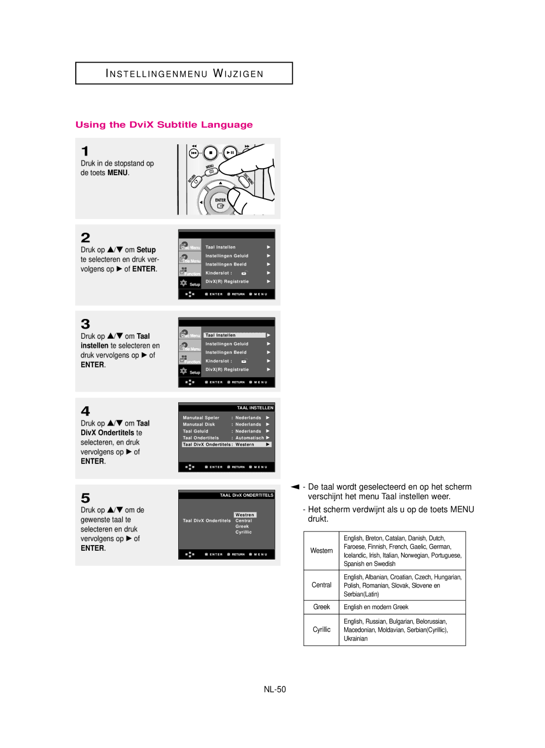 Samsung DVD-P355 manual Verschijnt het menu Taal instellen weer, NL-50, DivX Ondertitels te 