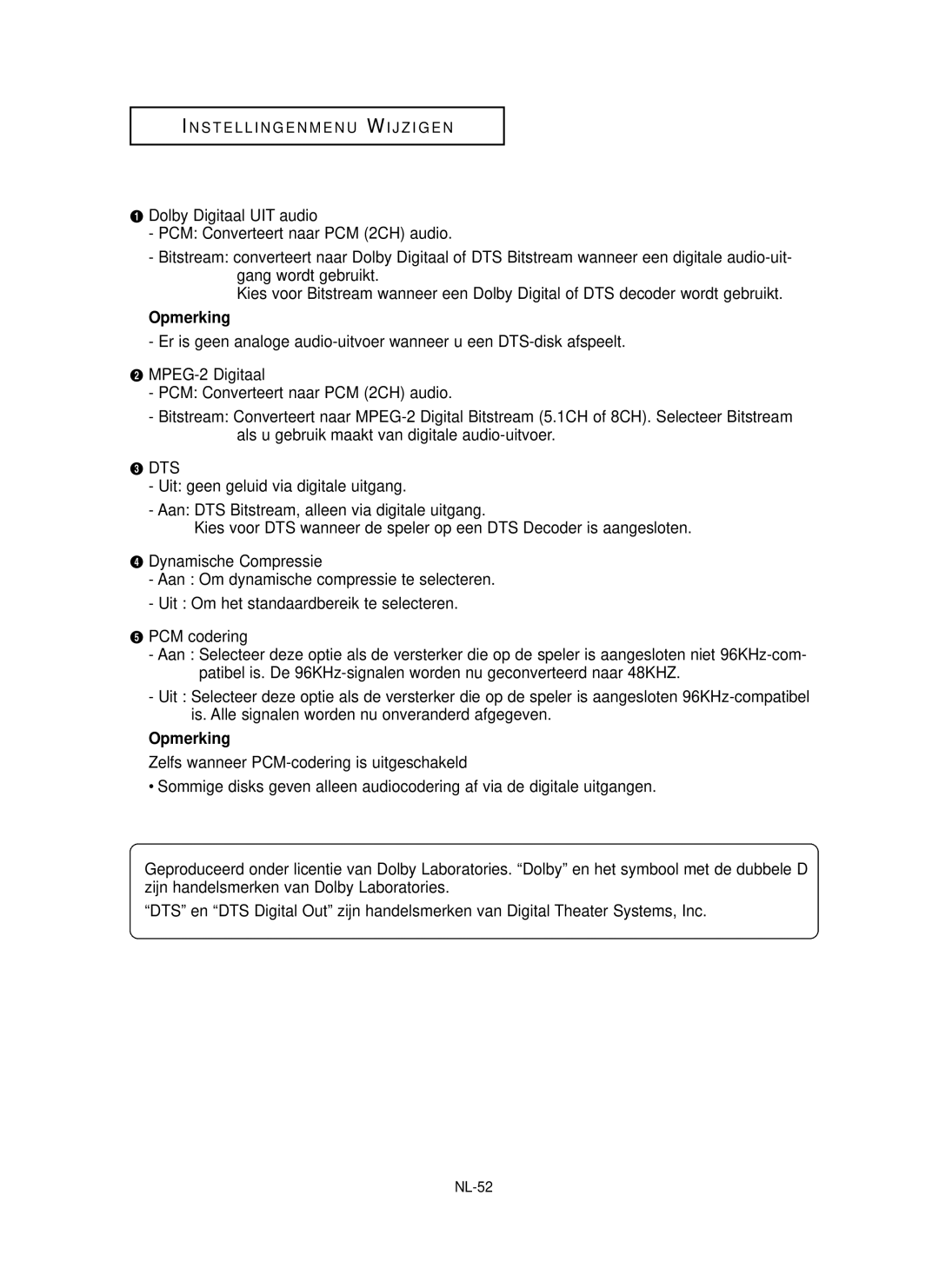 Samsung DVD-P355 manual Opmerking, NL-52 