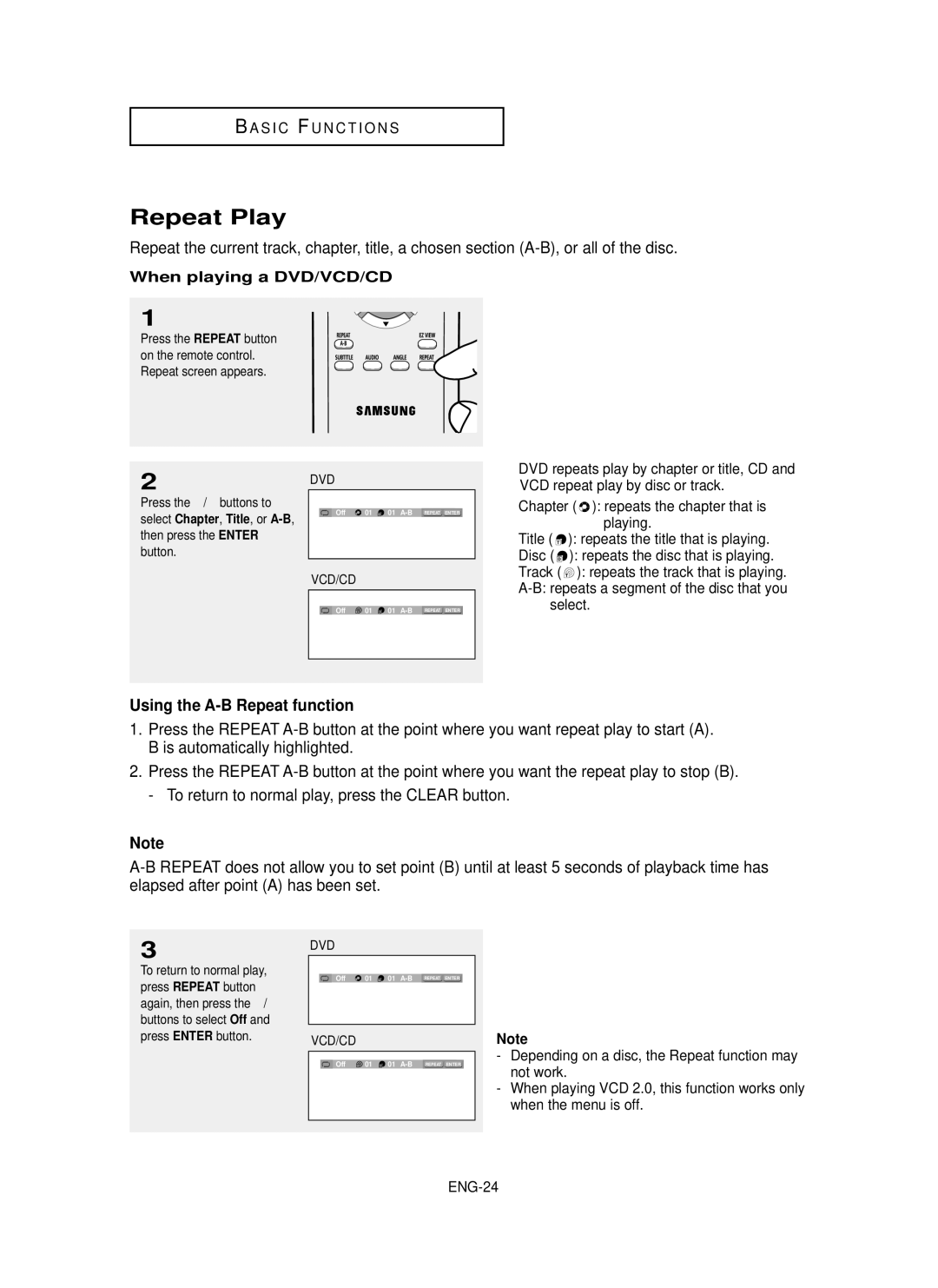 Samsung DVD-P355 manual Repeat Play, Using the A-B Repeat function, When playing a DVD/VCD/CD 