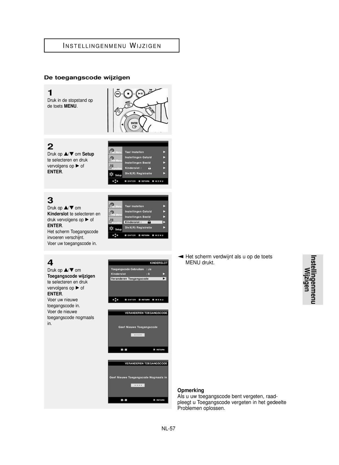 Samsung DVD-P355 manual De toegangscode wijzigen, NL-57, Toegangscode nogmaals, Invoeren verschijnt, Voer de nieuwe 