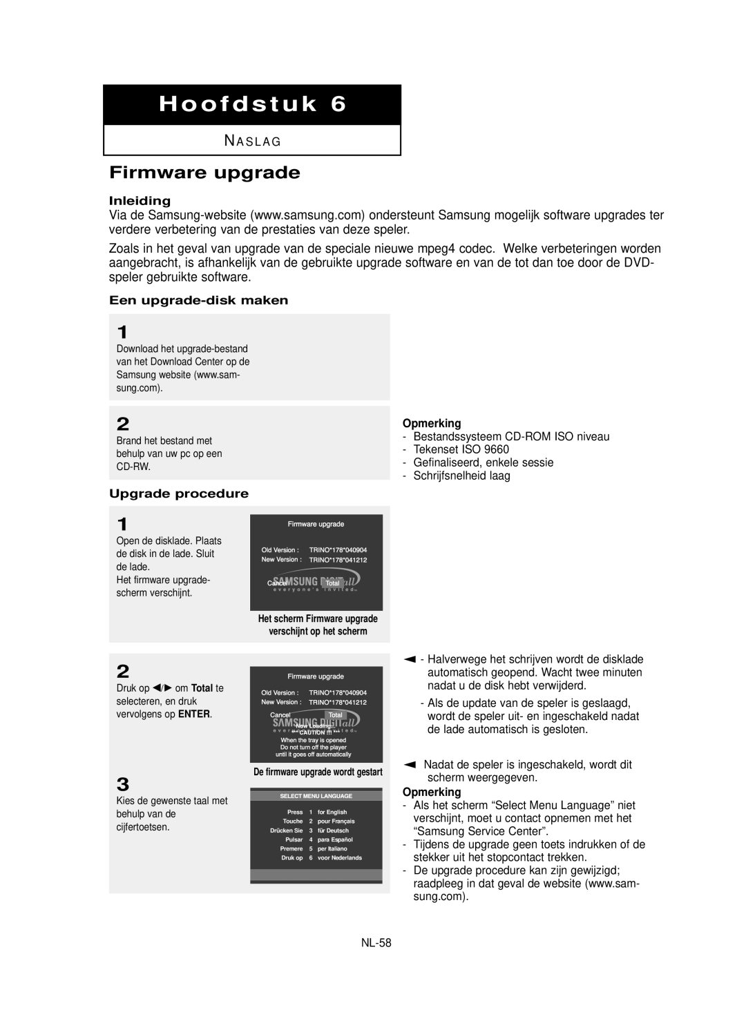 Samsung DVD-P355 manual Inleiding, Een upgrade-disk maken, Upgrade procedure Opmerking, Scherm weergegeven, NL-58 