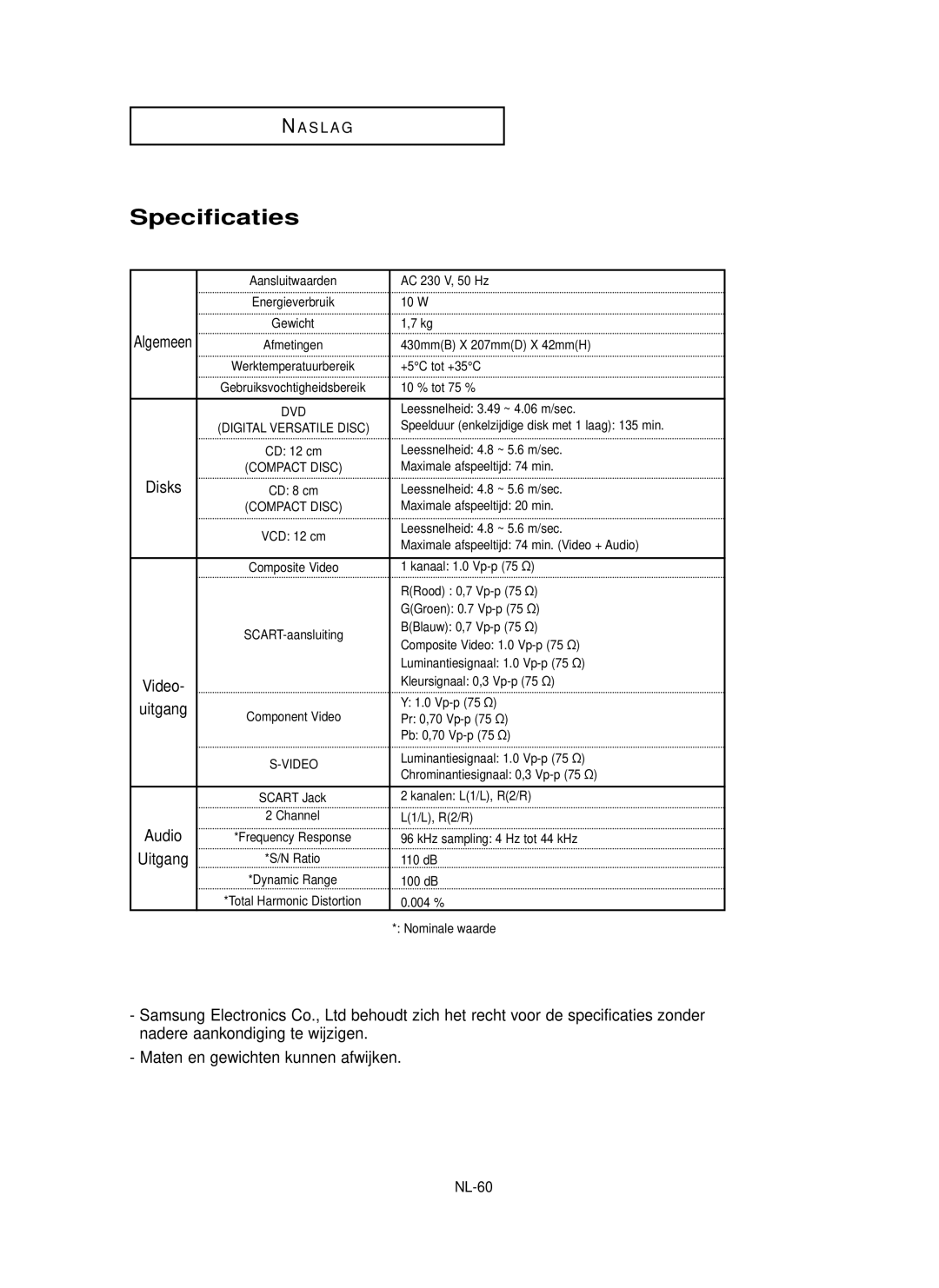 Samsung DVD-P355 manual Specificaties, Disks, Video, Maten en gewichten kunnen afwijken, NL-60 