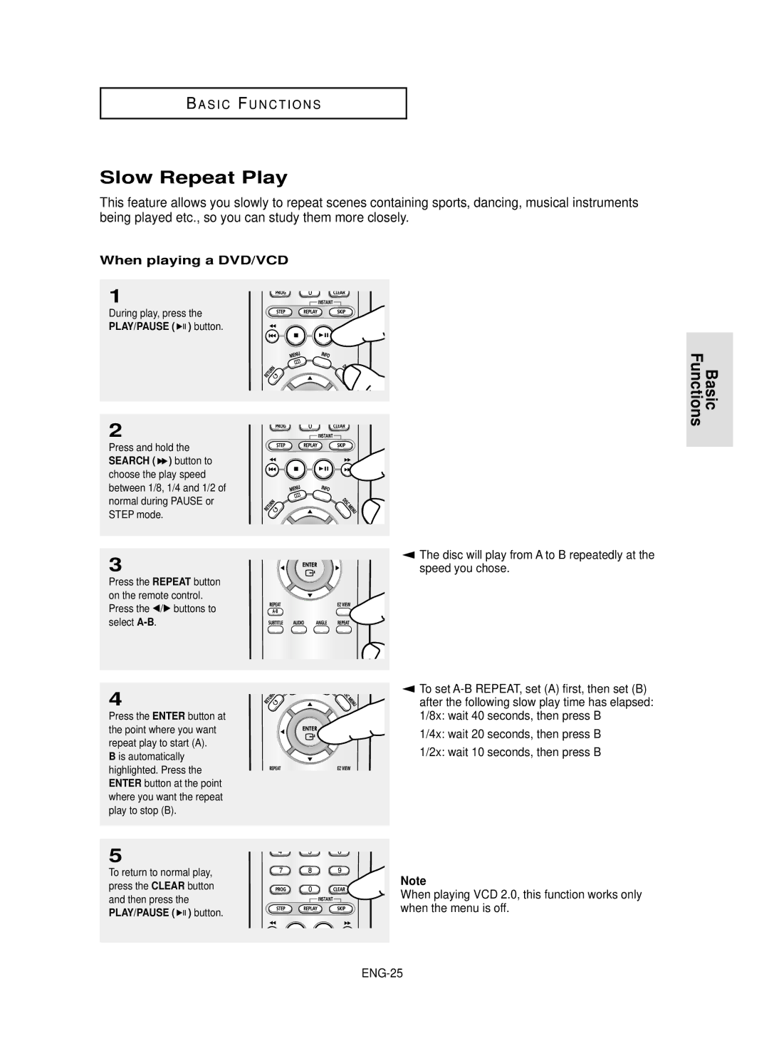 Samsung DVD-P355 manual Slow Repeat Play, When playing a DVD/VCD, When the menu is off, ENG-25, PLAY/PAUSE button 