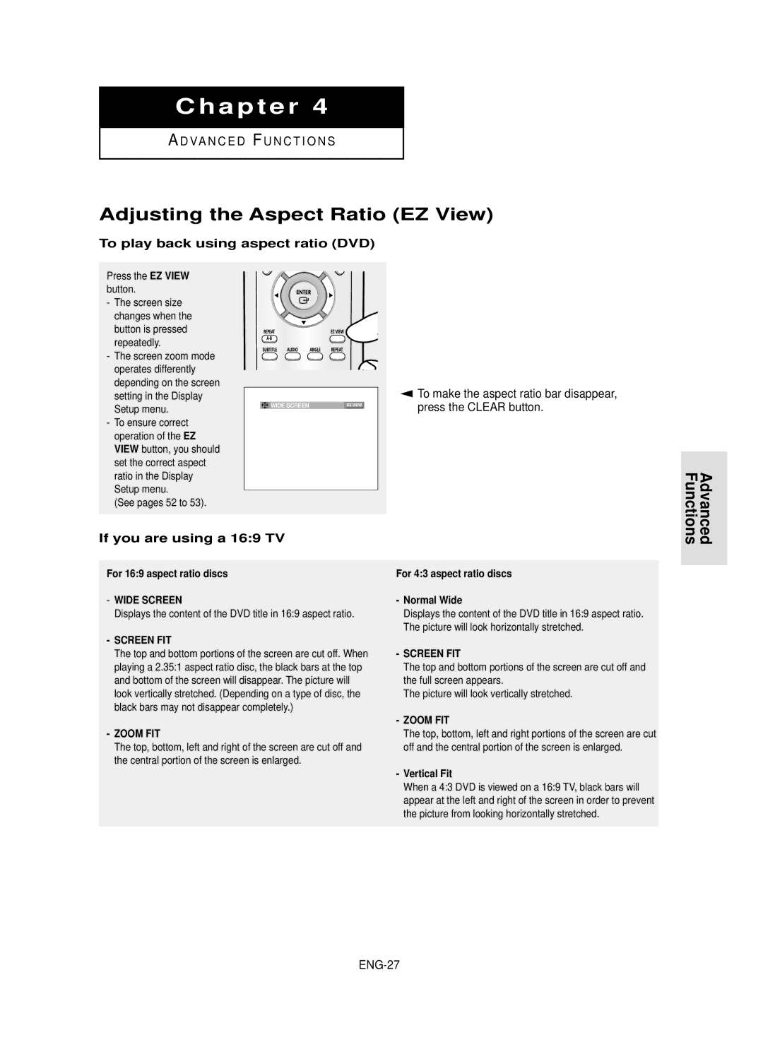 Samsung DVD-P355 manual Adjusting the Aspect Ratio EZ View, To play back using aspect ratio DVD, ENG-27 