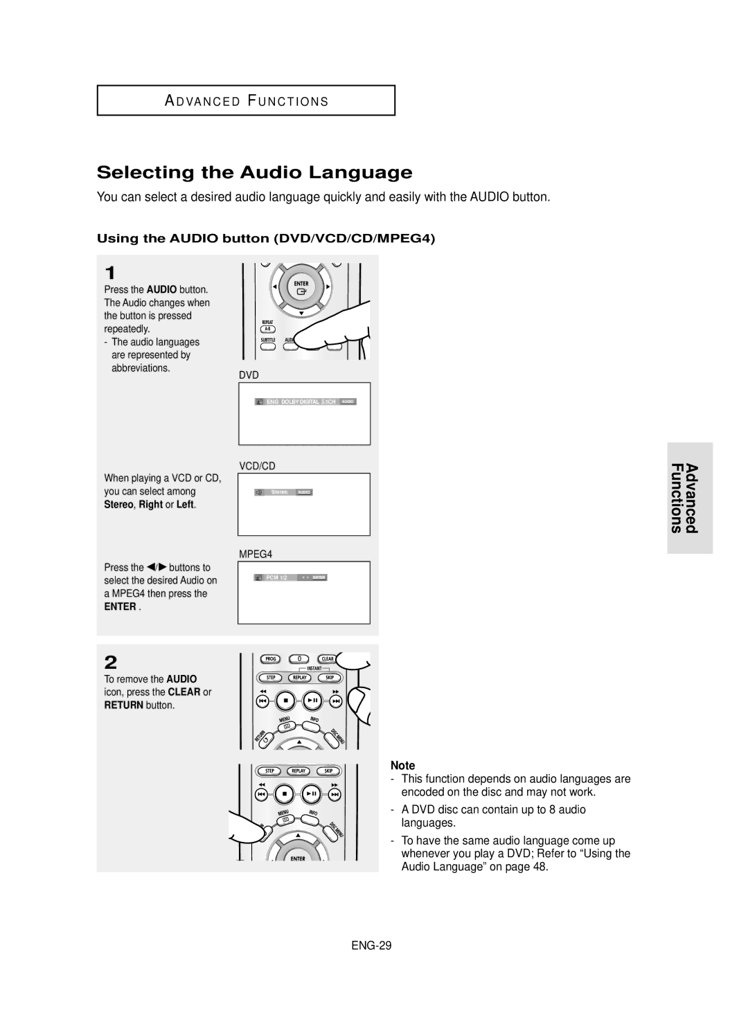 Samsung DVD-P355 manual Selecting the Audio Language, Advanced Functions, Using the Audio button DVD/VCD/CD/MPEG4, ENG-29 