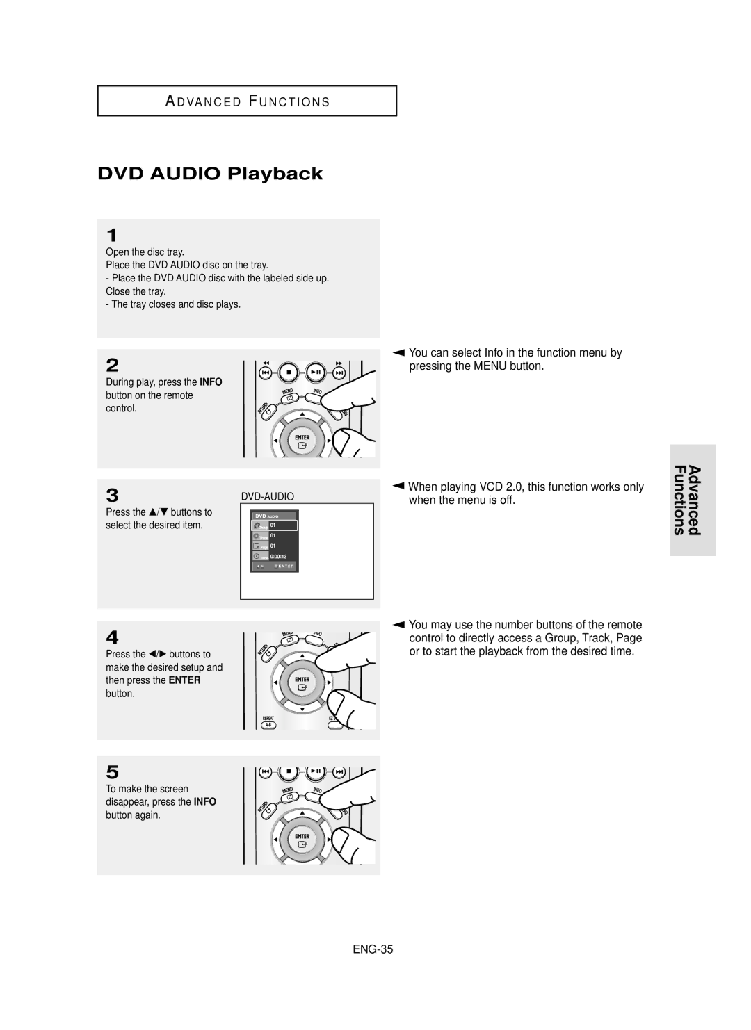 Samsung DVD-P355 manual DVD Audio Playback, When playing VCD 2.0, this function works only, ENG-35 