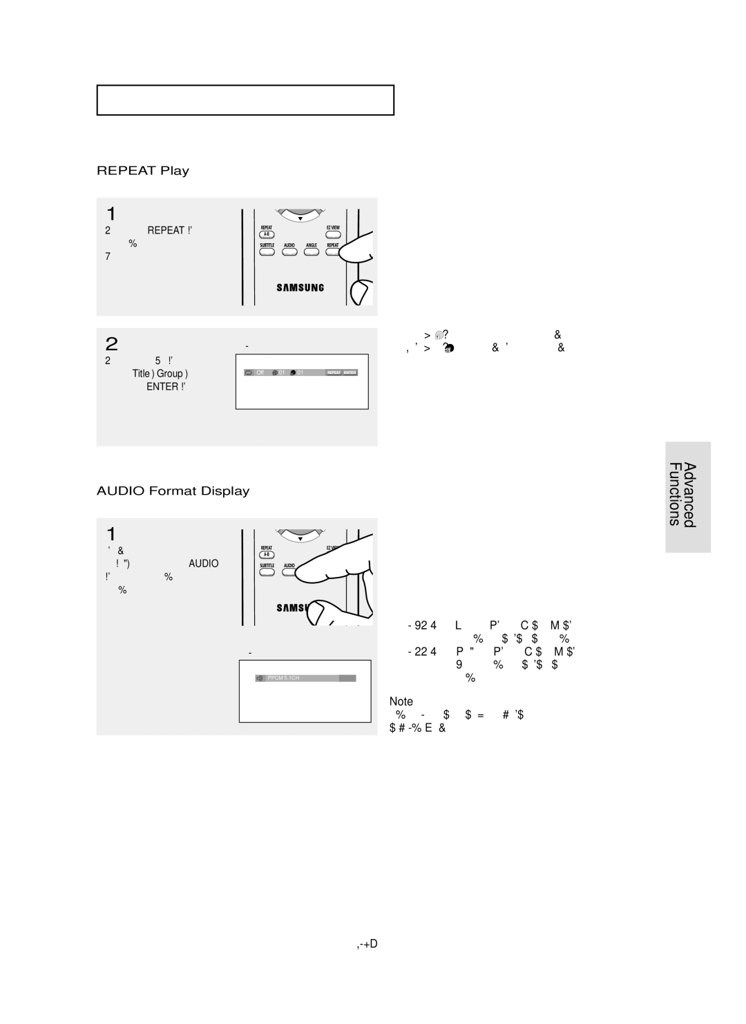 Samsung DVD-P355 manual Functions, Repeat Play, Audio Format Display, ENG-37, Title , Group , then 