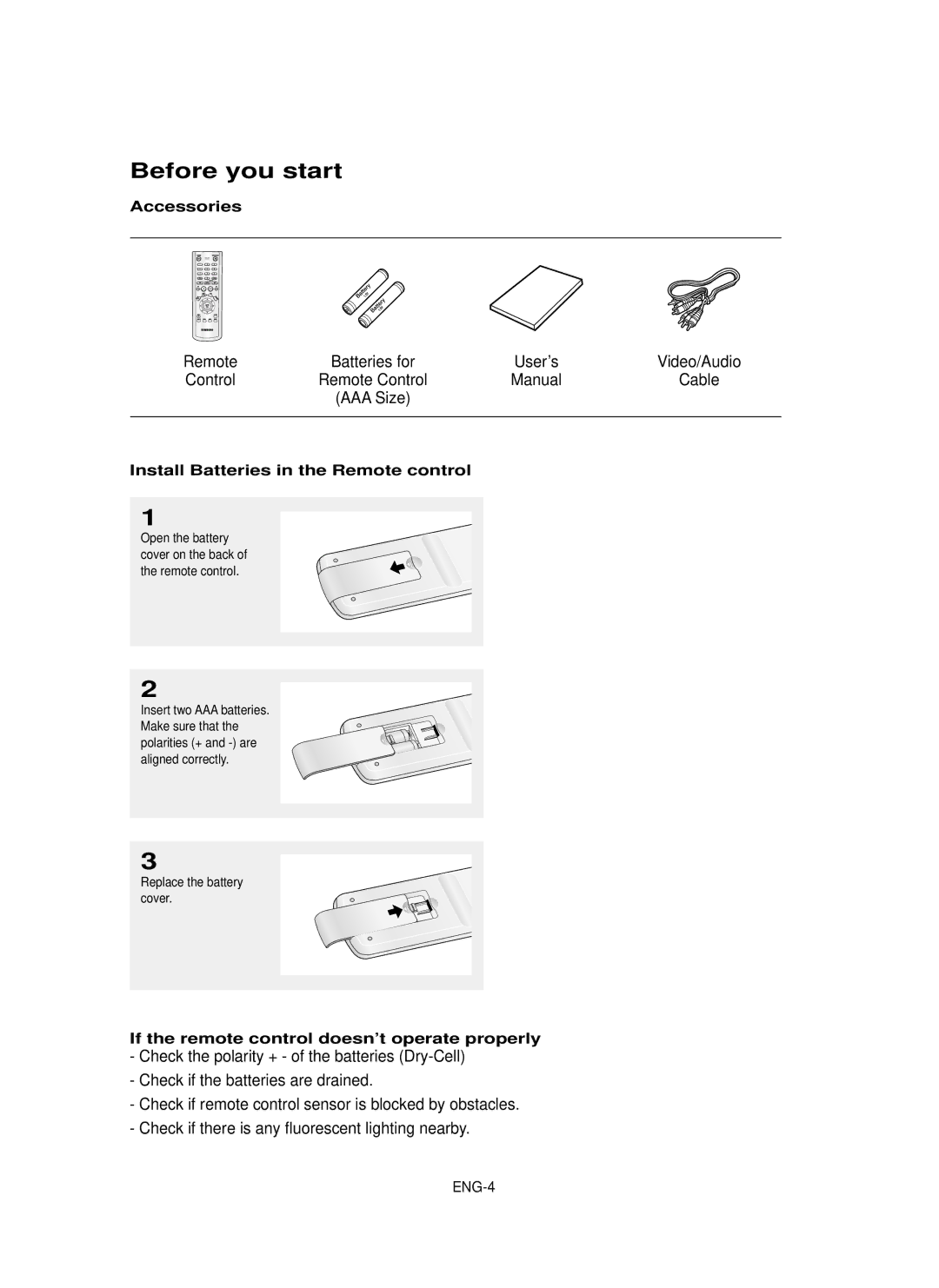 Samsung DVD-P355 manual Before you start, Remote, Control, AAA Size 