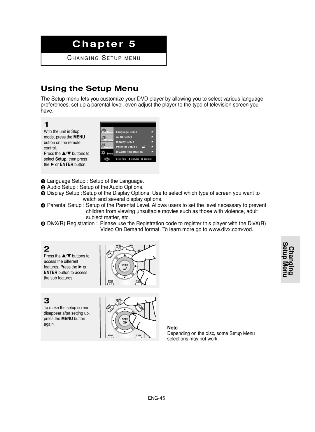 Samsung DVD-P355 manual Using the Setup Menu, ENG-45, Sub features 