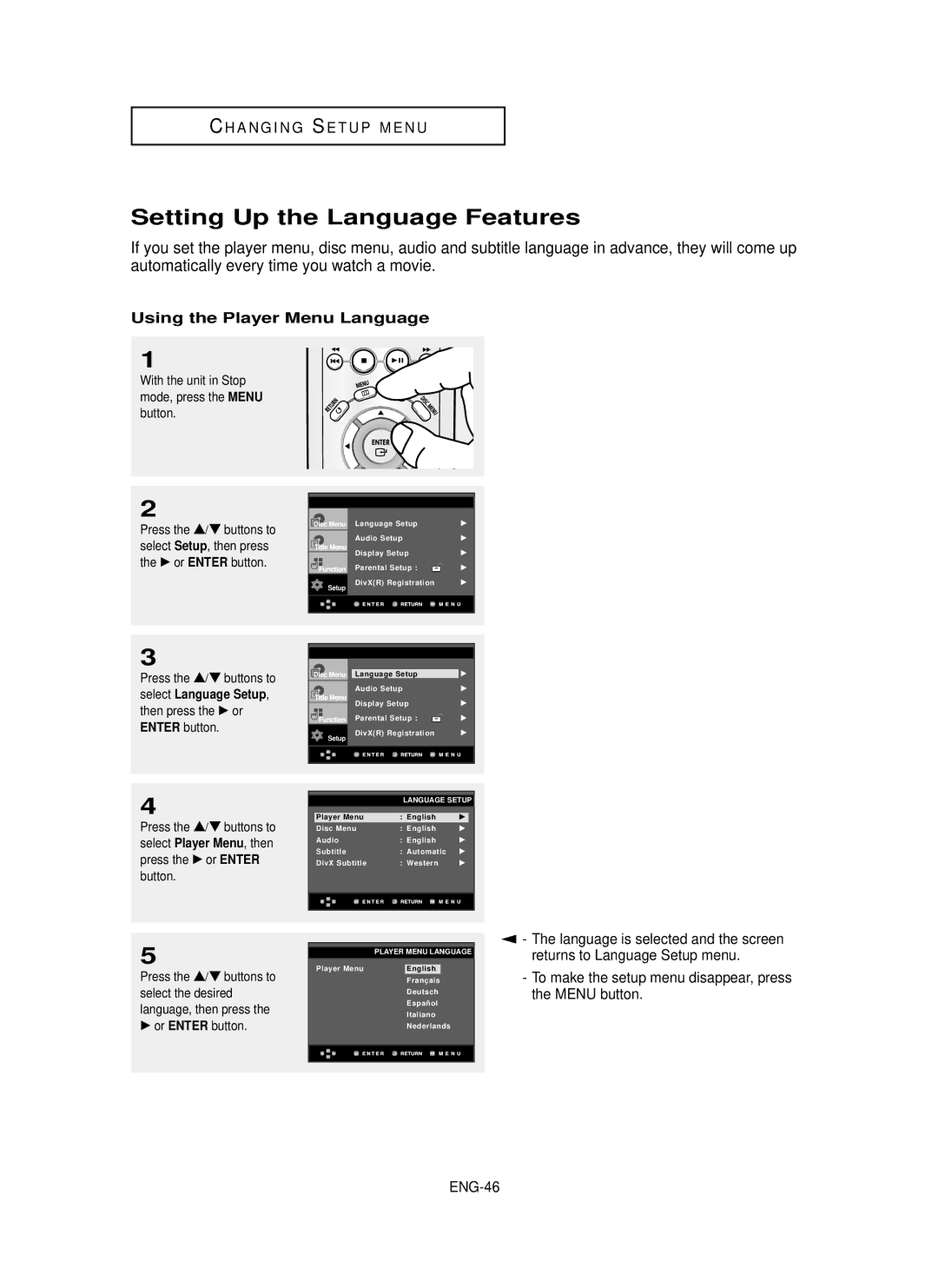 Samsung DVD-P355 manual Setting Up the Language Features, Using the Player Menu Language, ENG-46, Select Language Setup 