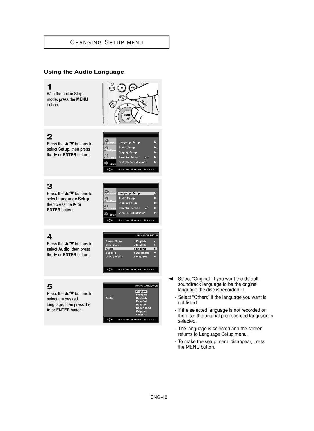 Samsung DVD-P355 manual Using the Audio Language, Not listed, Selected, Menu button, ENG-48 