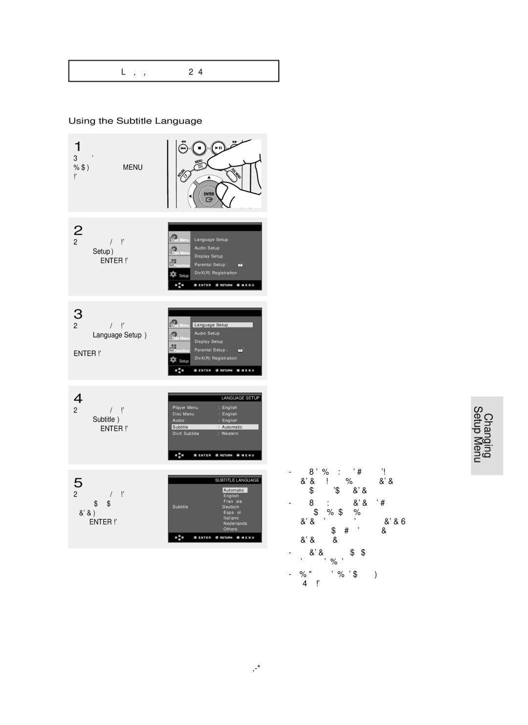 Samsung DVD-P355 manual Using the Subtitle Language, ENG-49, Language is selected and the screen returns to setup menu 