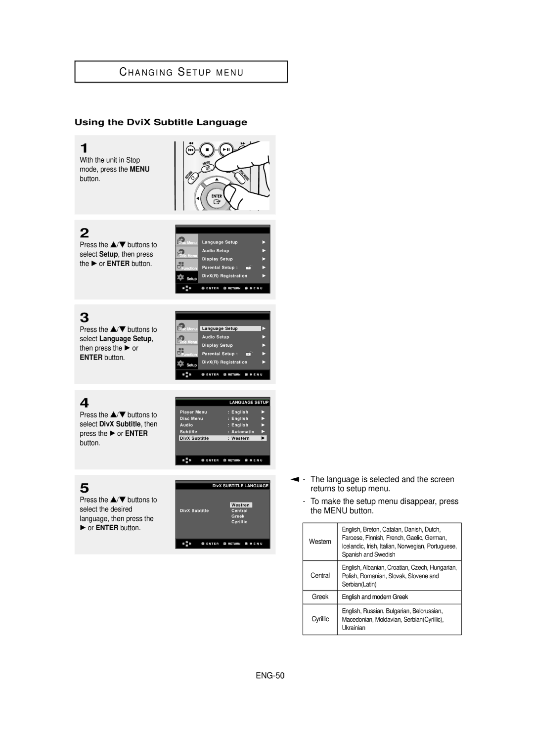 Samsung DVD-P355 Using the DviX Subtitle Language, Returns to setup menu, ENG-50, Language is selected and the screen 