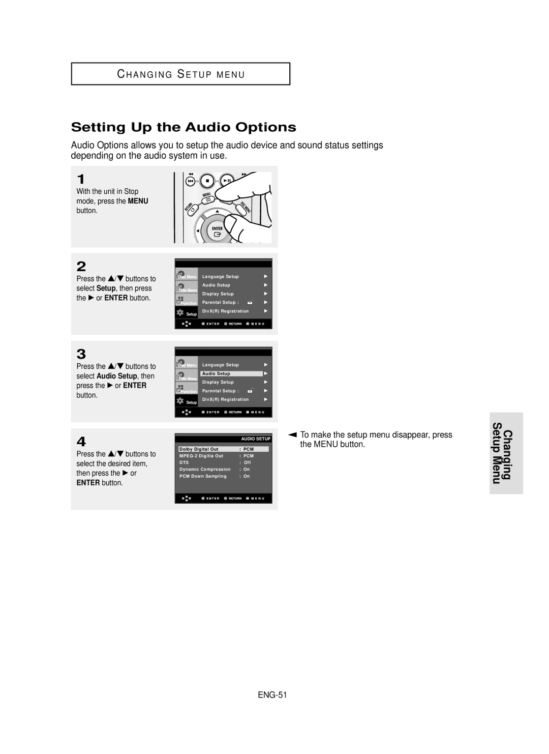 Samsung DVD-P355 manual Setting Up the Audio Options, ENG-51 