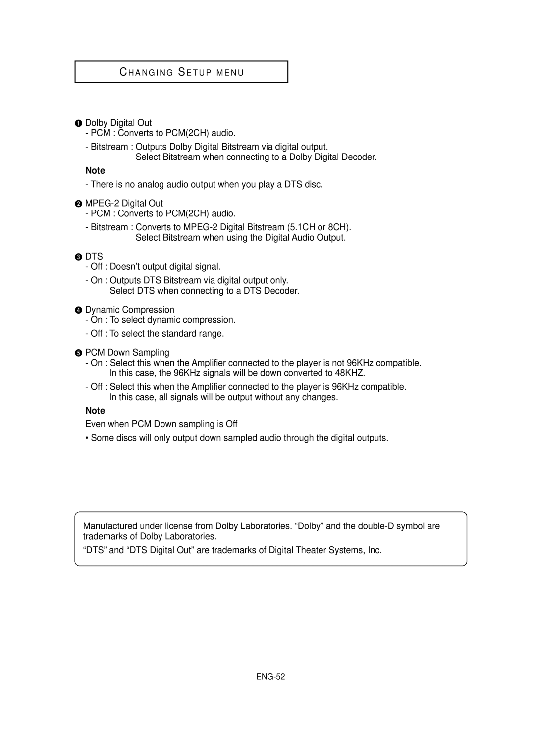 Samsung DVD-P355 manual DTS Off Doesn’t output digital signal, ENG-52 