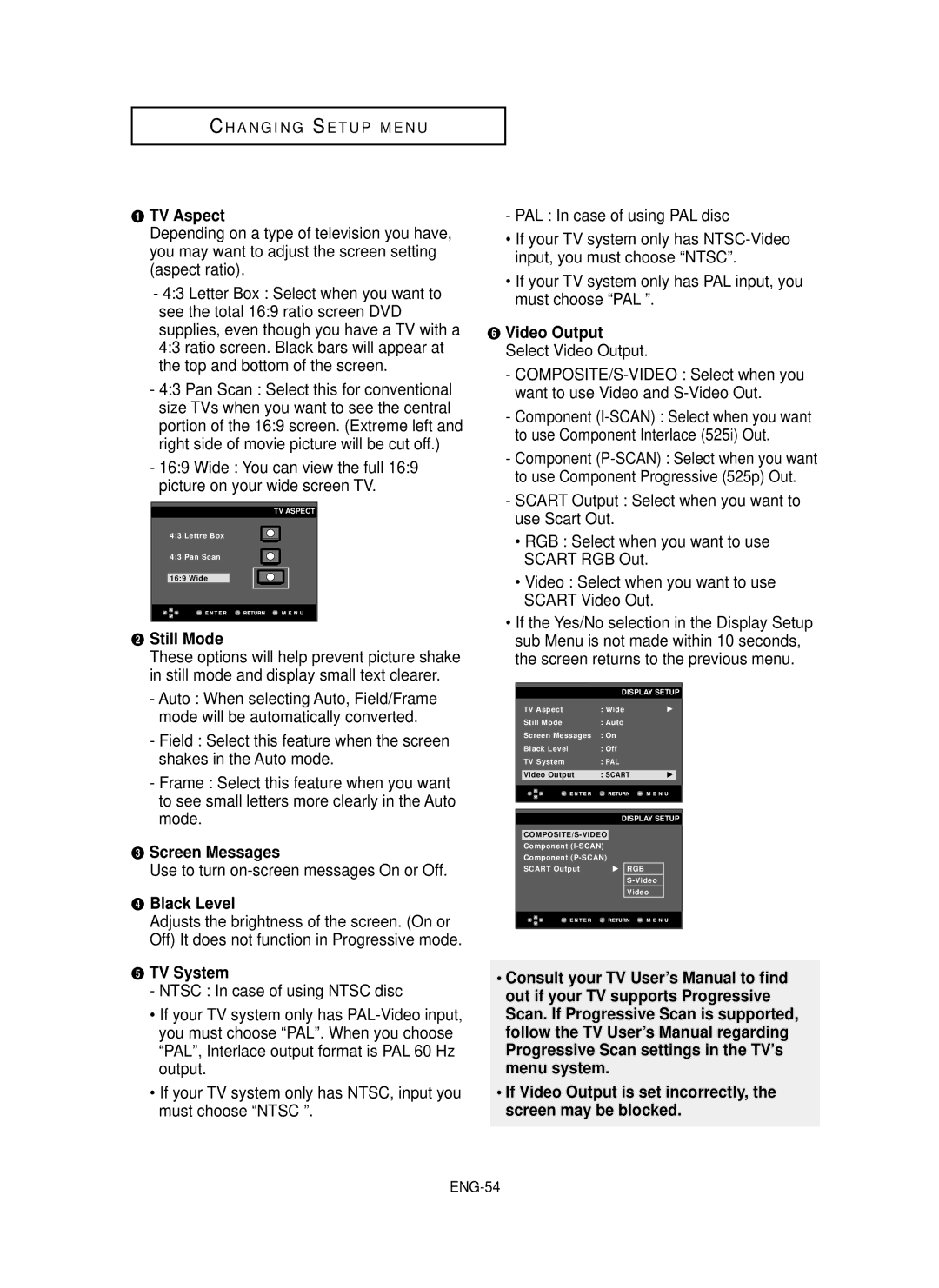 Samsung DVD-P355 manual TV Aspect, ´ Still Mode, Screen Messages, ¨ Black Level, TV System 