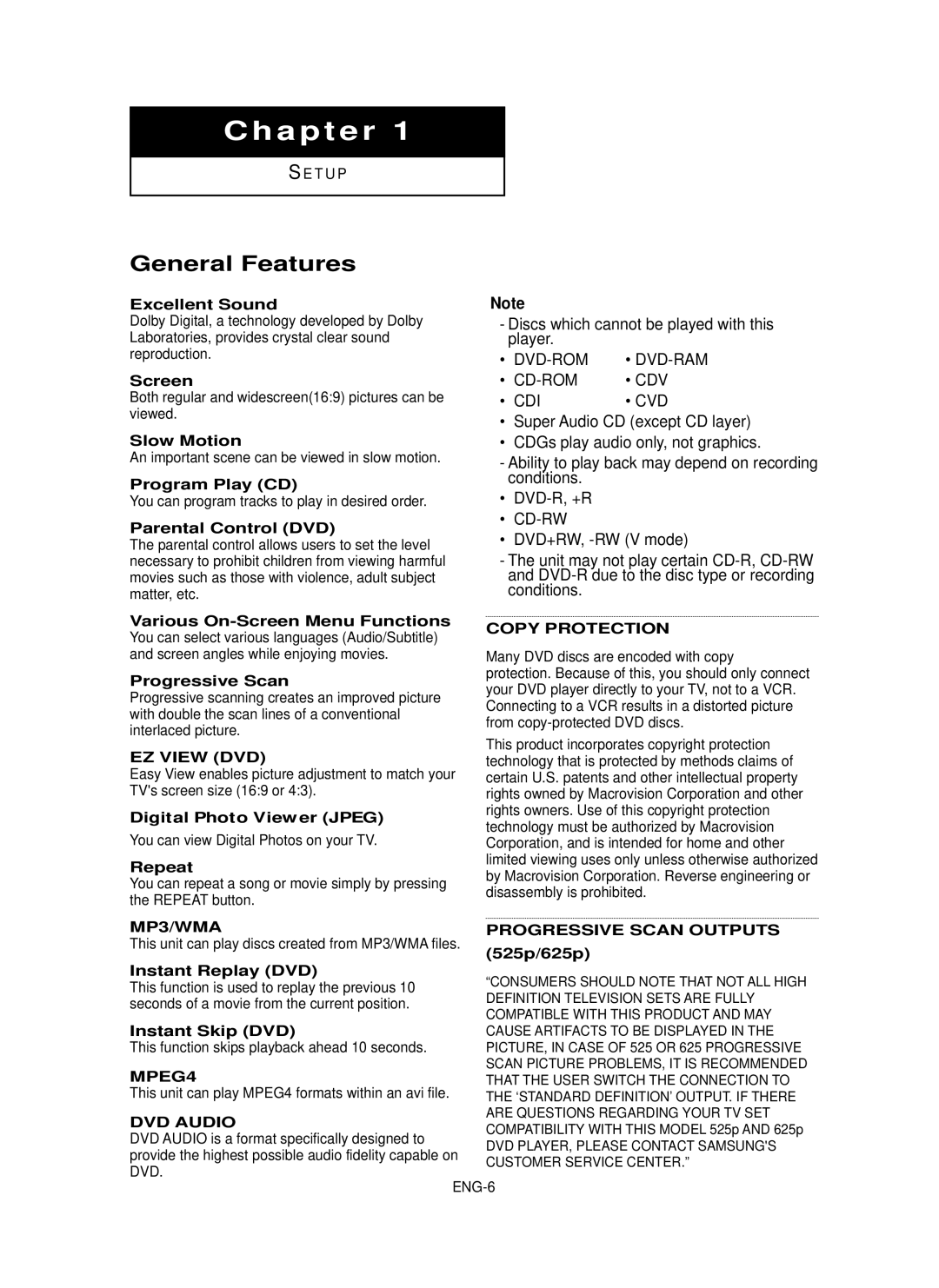 Samsung DVD-P355 manual General Features 