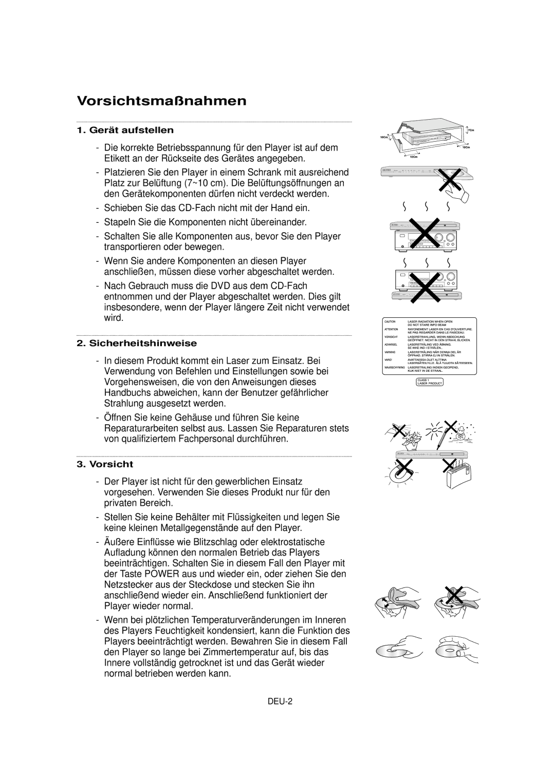 Samsung DVD-P355 manual Vorsichtsmaßnahmen, Gerät aufstellen, Sicherheitshinweise 