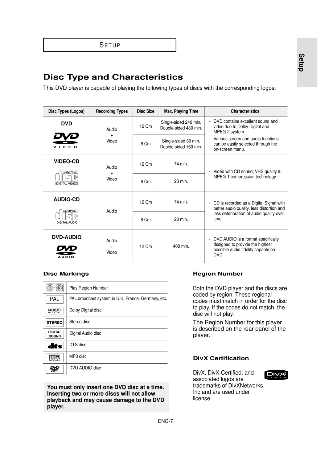 Samsung DVD-P355 manual Disc Type and Characteristics, Setup, Disc Markings, Region Number, DivX Certification 