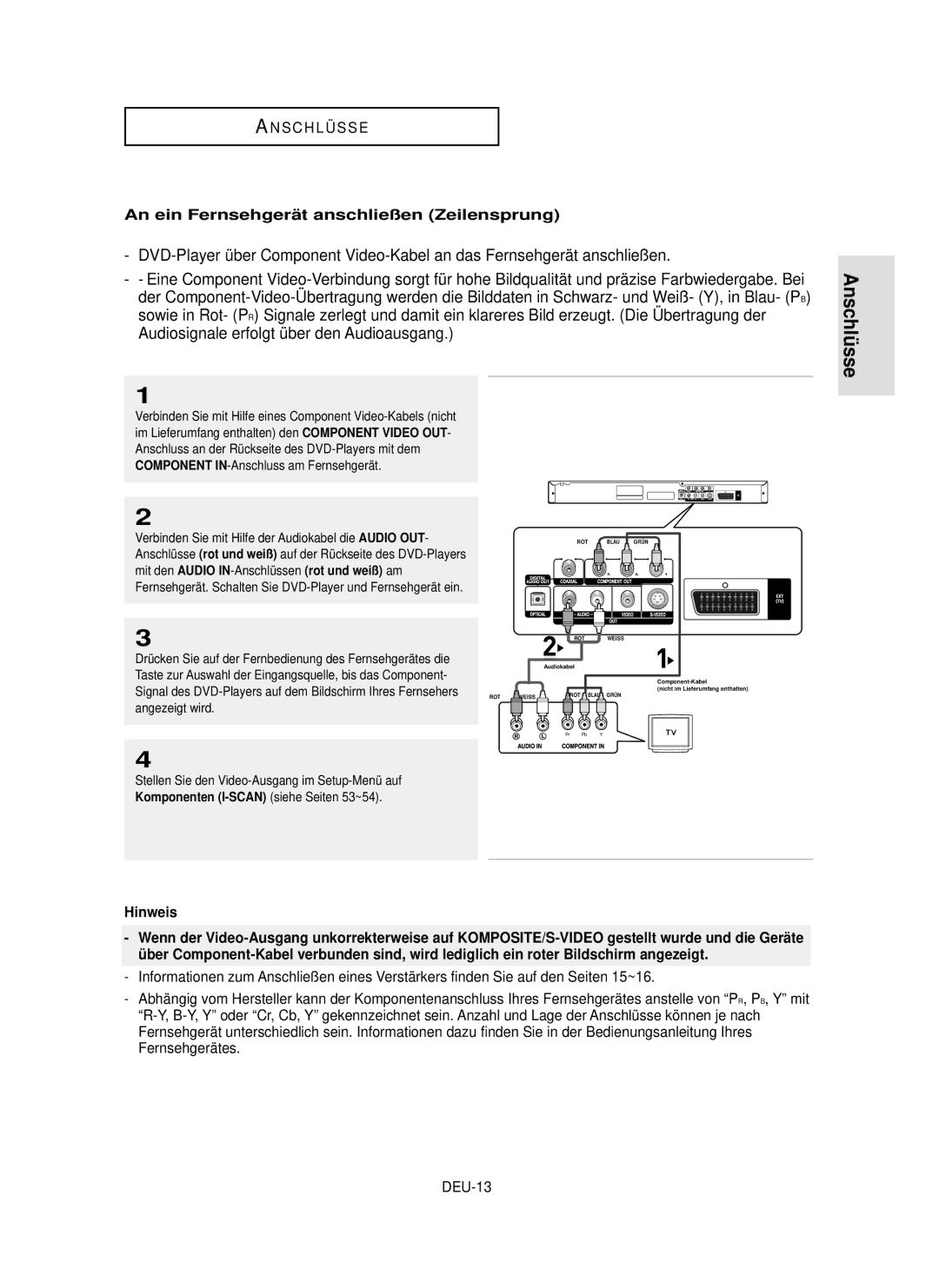 Samsung DVD-P355 manual An ein Fernsehgerä t anschließen Zeilensprung, Fernsehgerätes DEU-13, Mit den, Rot und weiß am 