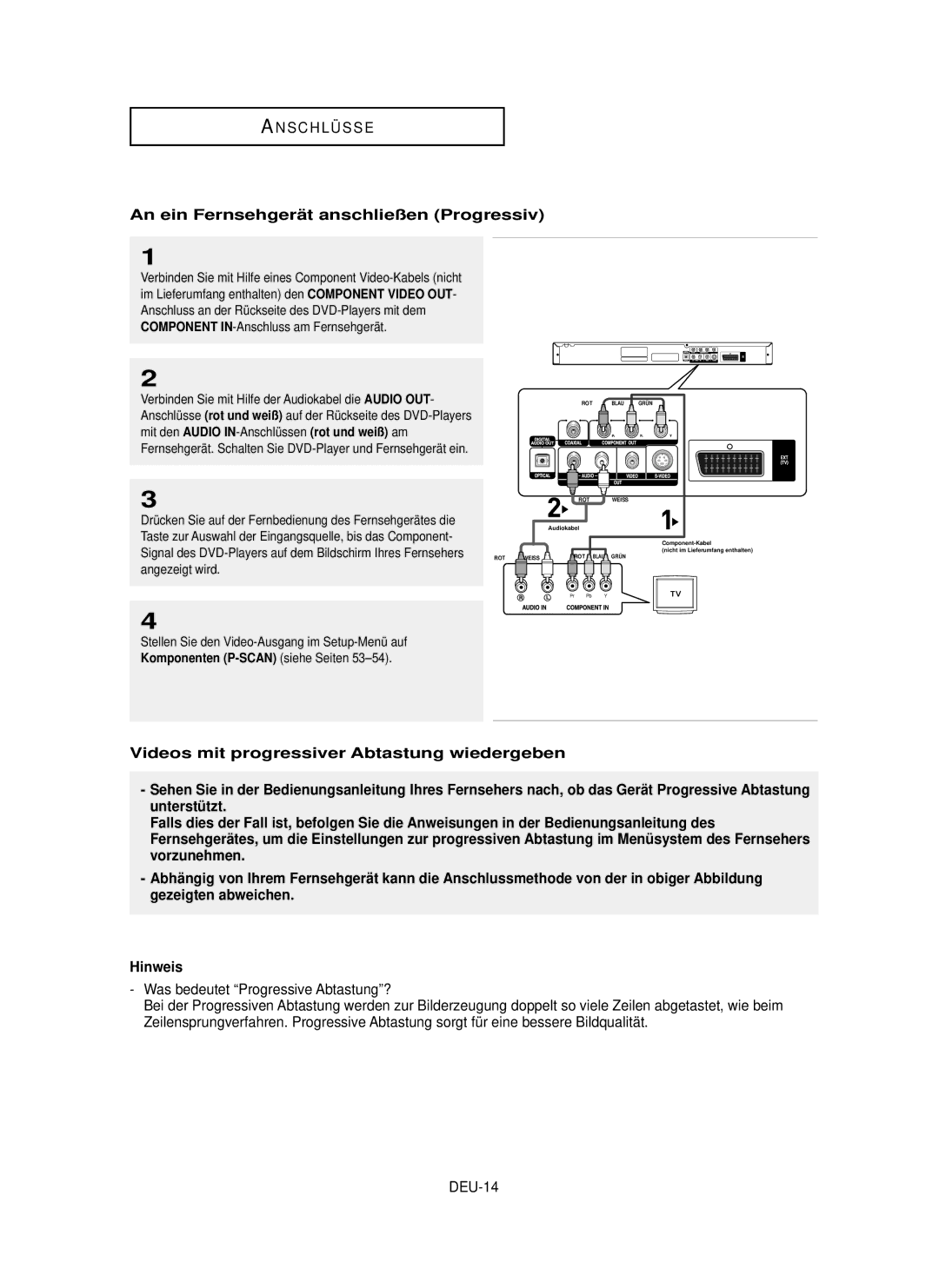 Samsung DVD-P355 manual An ein Fernsehgerä t anschließen Progressiv, Was bedeutet Progressive Abtastung?, DEU-14 