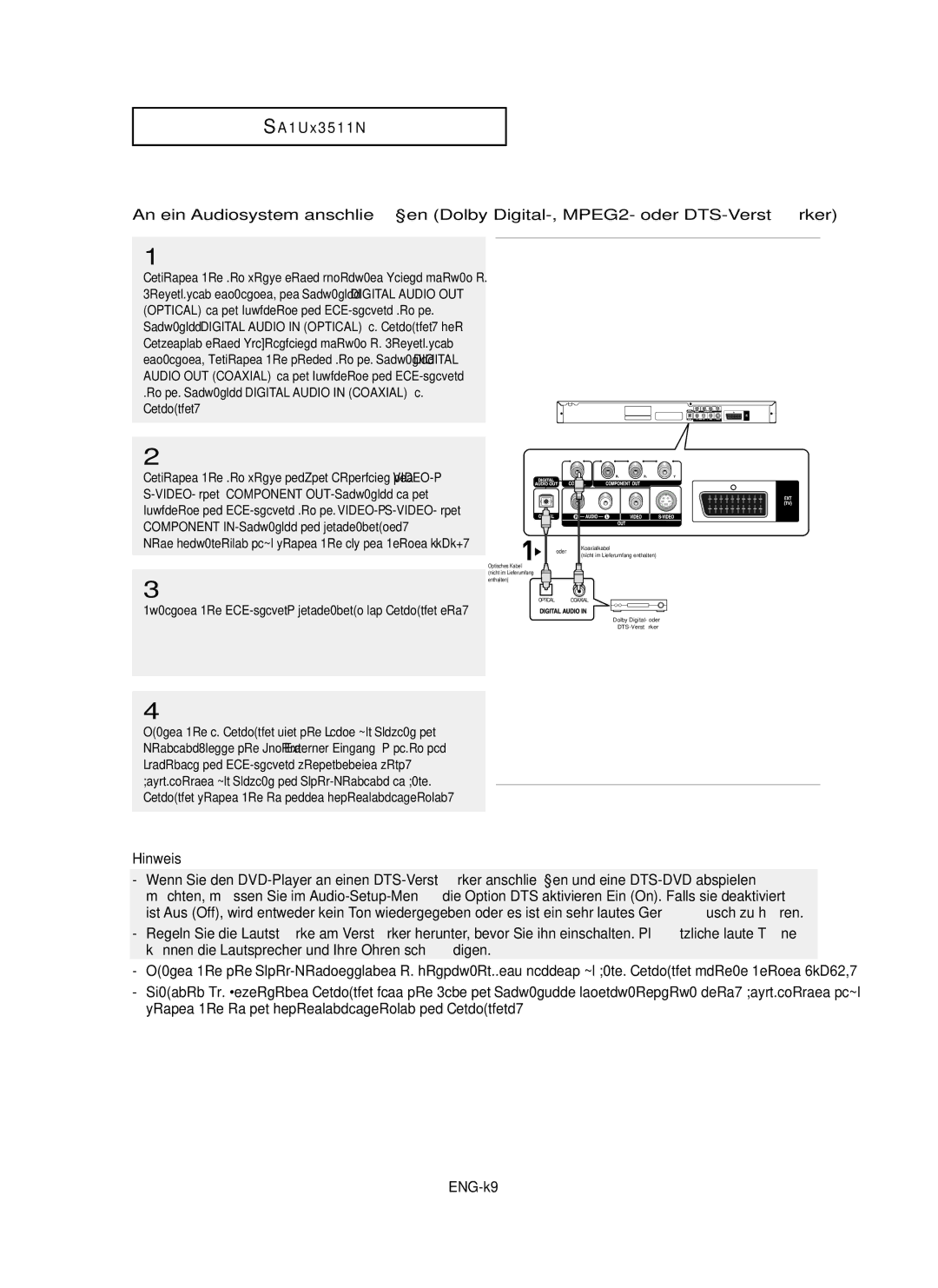 Samsung DVD-P355 manual DEU-16, Digital Audio in Coaxial am, VIDEO- oder Component OUT-Anschluss an der 