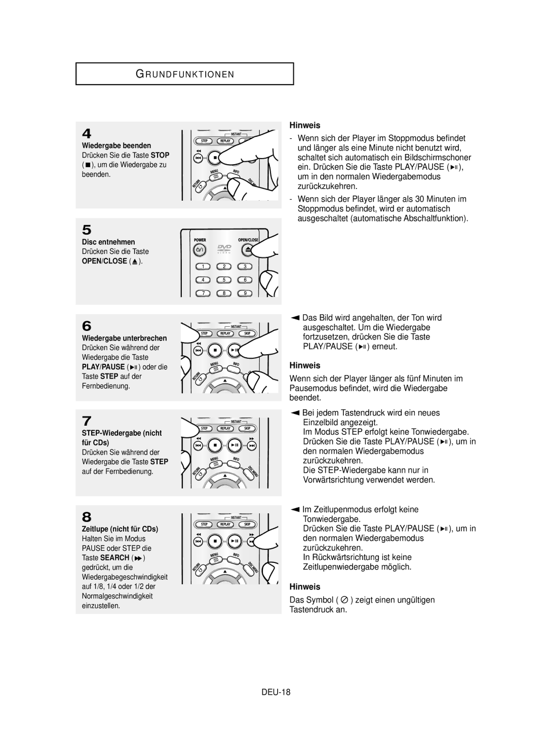 Samsung DVD-P355 manual PLAY/PAUSE erneut, Einzelbild angezeigt, Zurückzukehren, Tonwiedergabe, DEU-18 