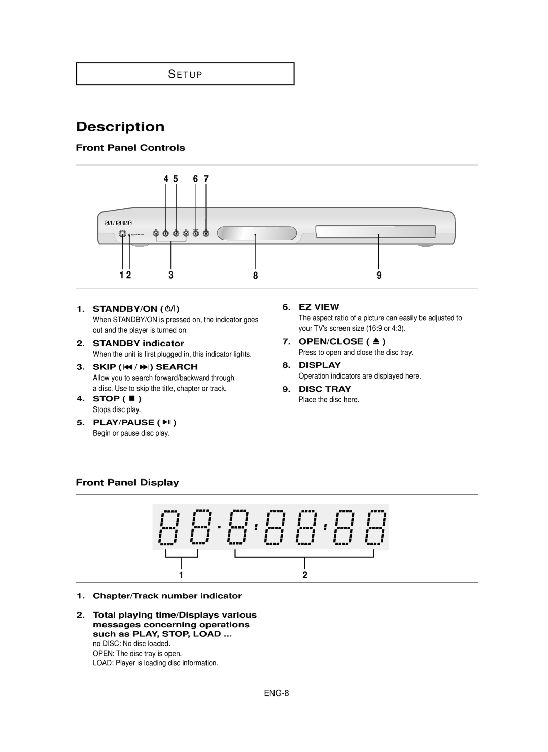 Samsung DVD-P355 manual Description, Front Panel Controls, Front Panel Display, EZ View 