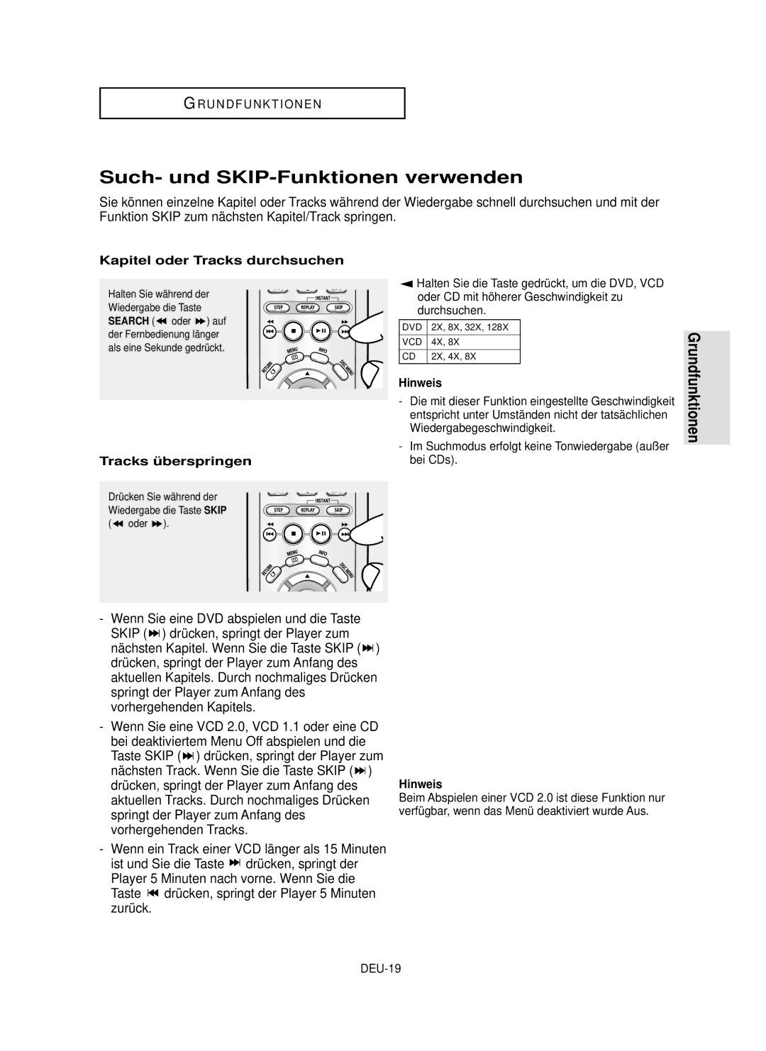 Samsung DVD-P355 Such- und SKIP-Funktionen verwenden, Vorhergehenden Kapitels, Taste, Kapitel oder Tracks durchsuchen 