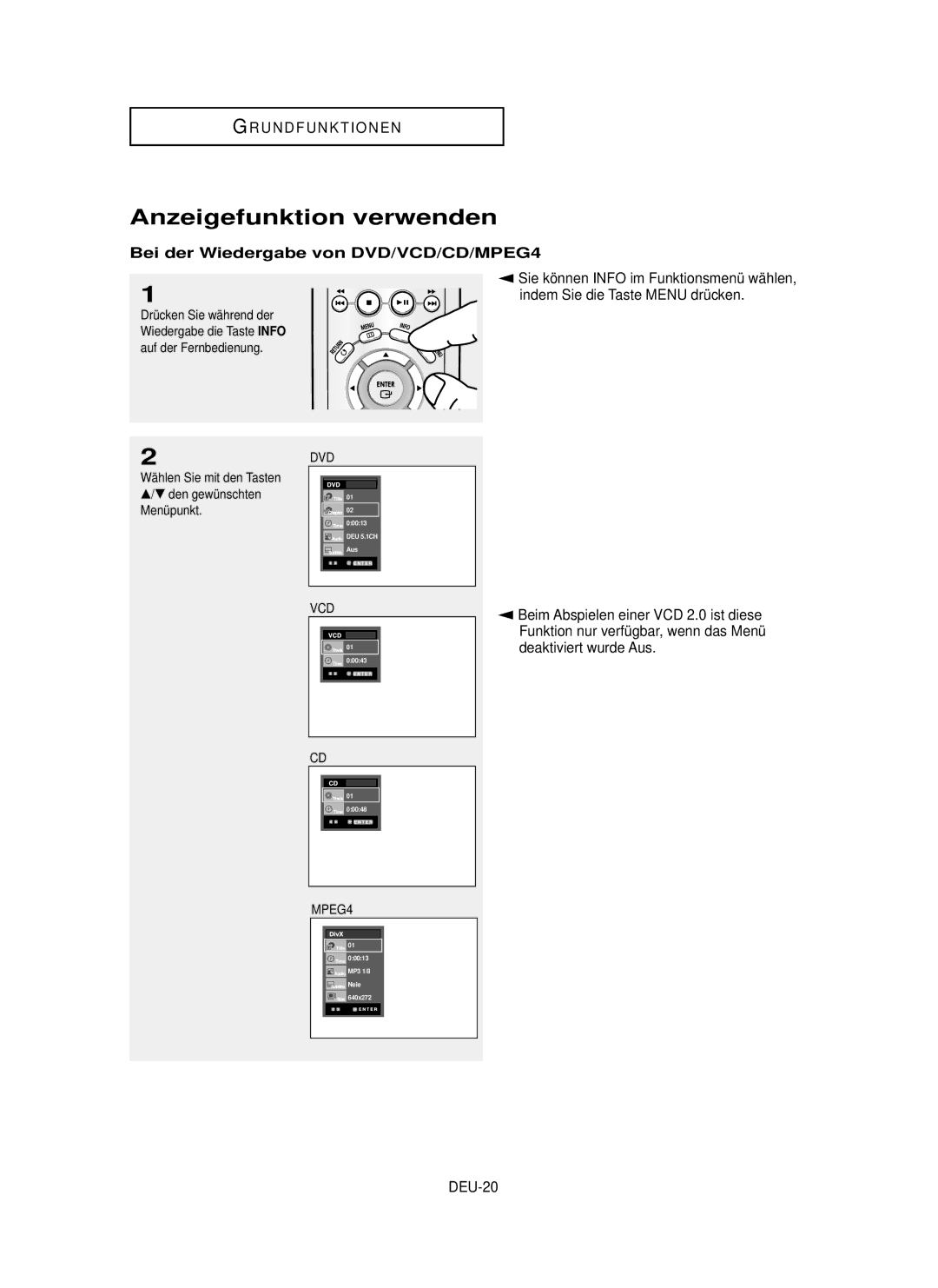 Samsung DVD-P355 manual Anzeigefunktion verwenden, Bei der Wiedergabe von DVD/VCD/CD/MPEG4, DEU-20 