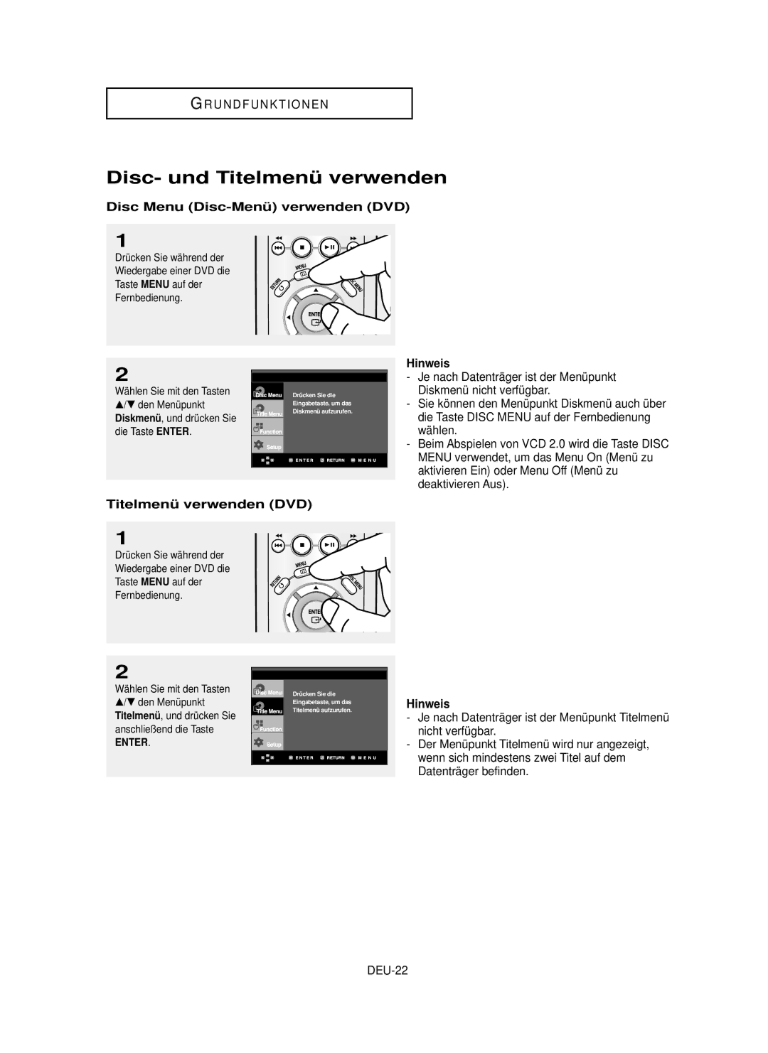 Samsung DVD-P355 manual Disc- und Titelmenü verwenden, Disc Menu Disc-Menü verwenden DVD, Titelmenü verwenden DVD, DEU-22 