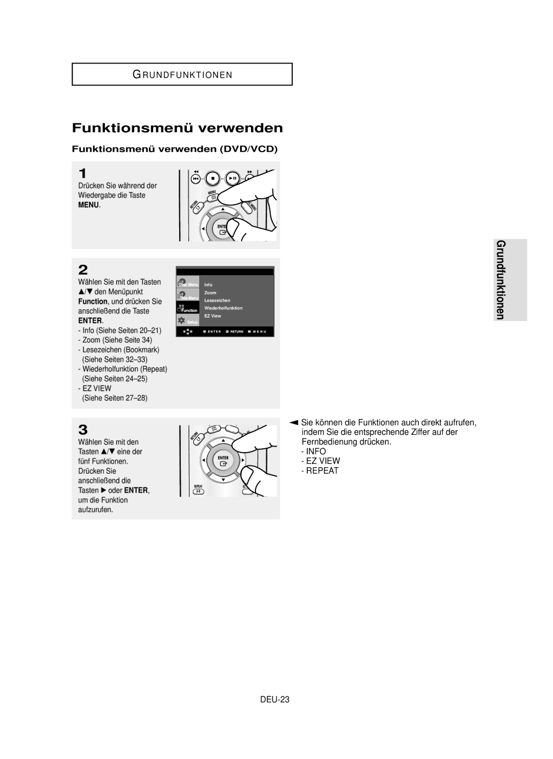 Samsung DVD-P355 manual Funktionsmenü verwenden DVD/VCD, DEU-23, Menu 