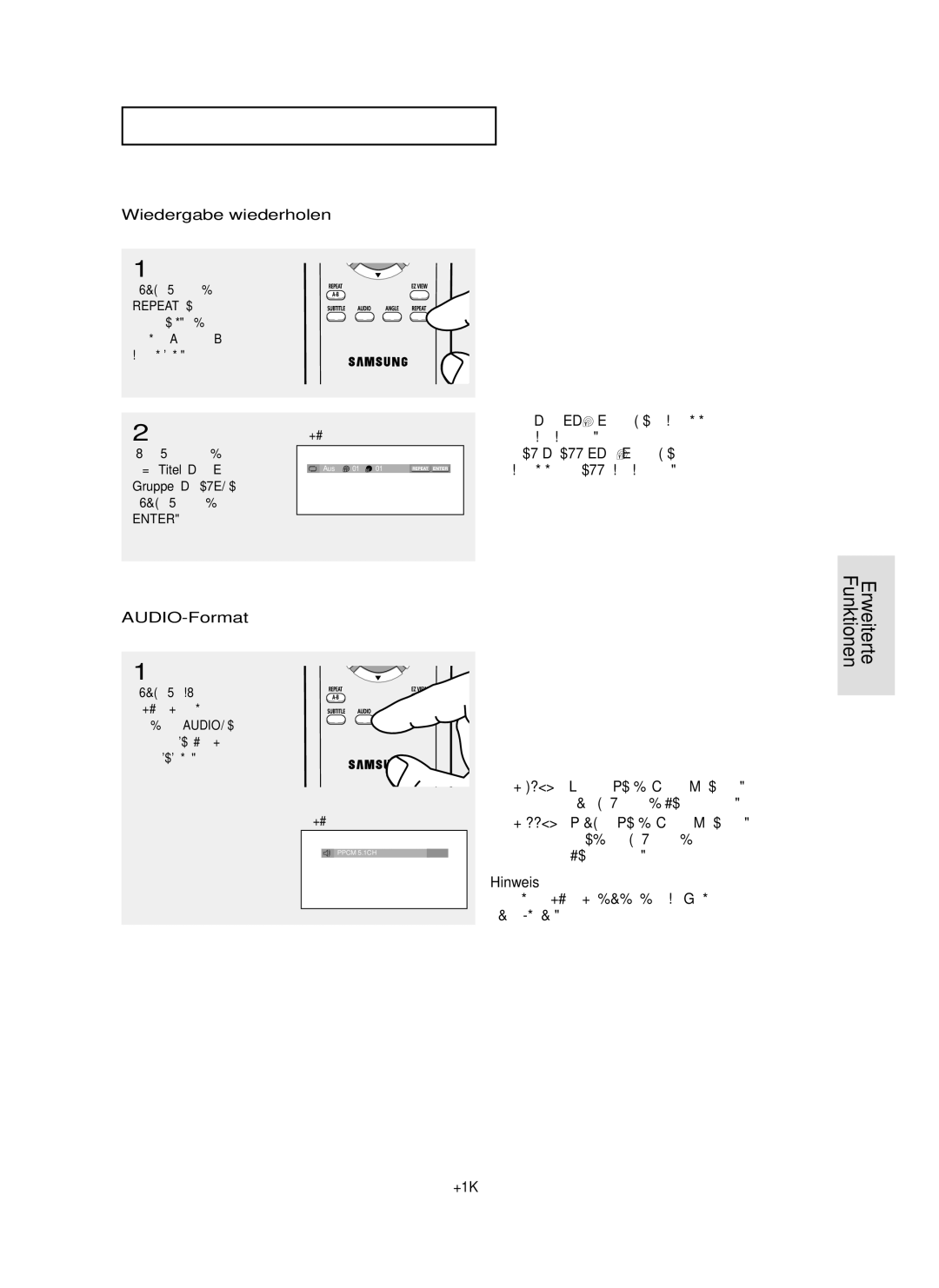 Samsung DVD-P355 manual Funktionen, Wiedergabe wiederholen, AUDIO-Format 