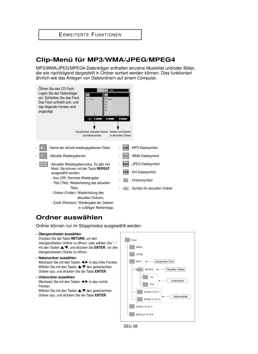 Samsung DVD-P355 manual Clip-Menü fü r MP3/WMA/JPEG/MPEG4, Ordner auswä hlen, DEU-38, Repeat 