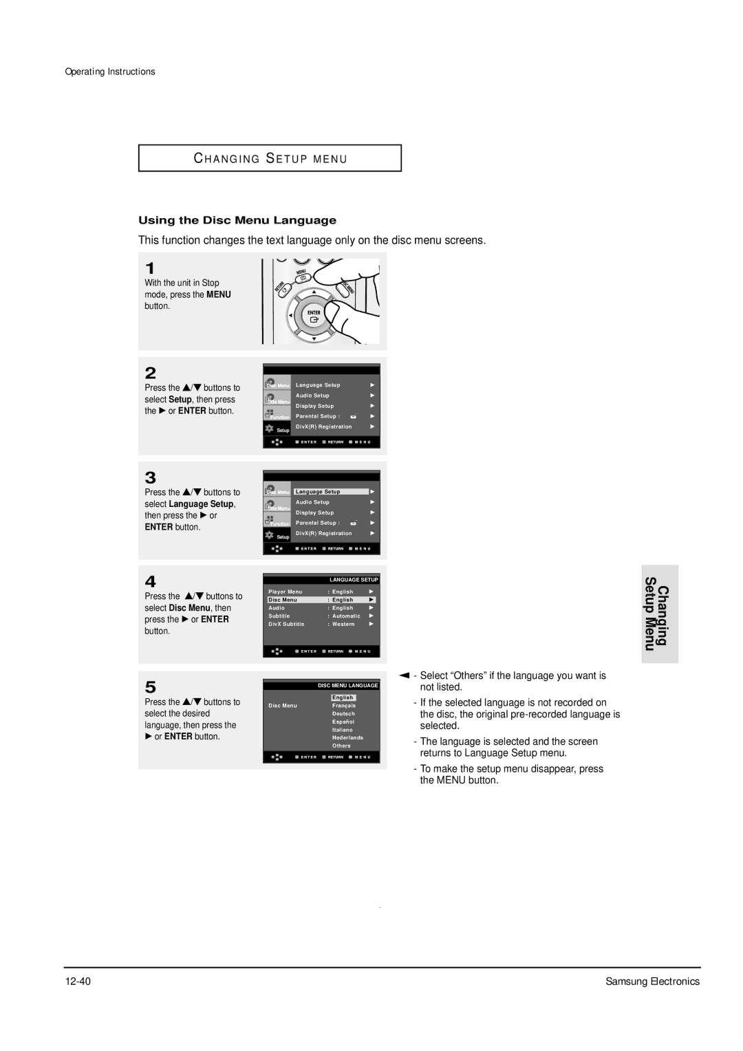 Samsung DVD-P355B/XEE, DVD-P355B/XEU, DVD-P355B/XEH, DVD-P355B/XEG Changing Setup Menu, Using the Disc Menu Language 