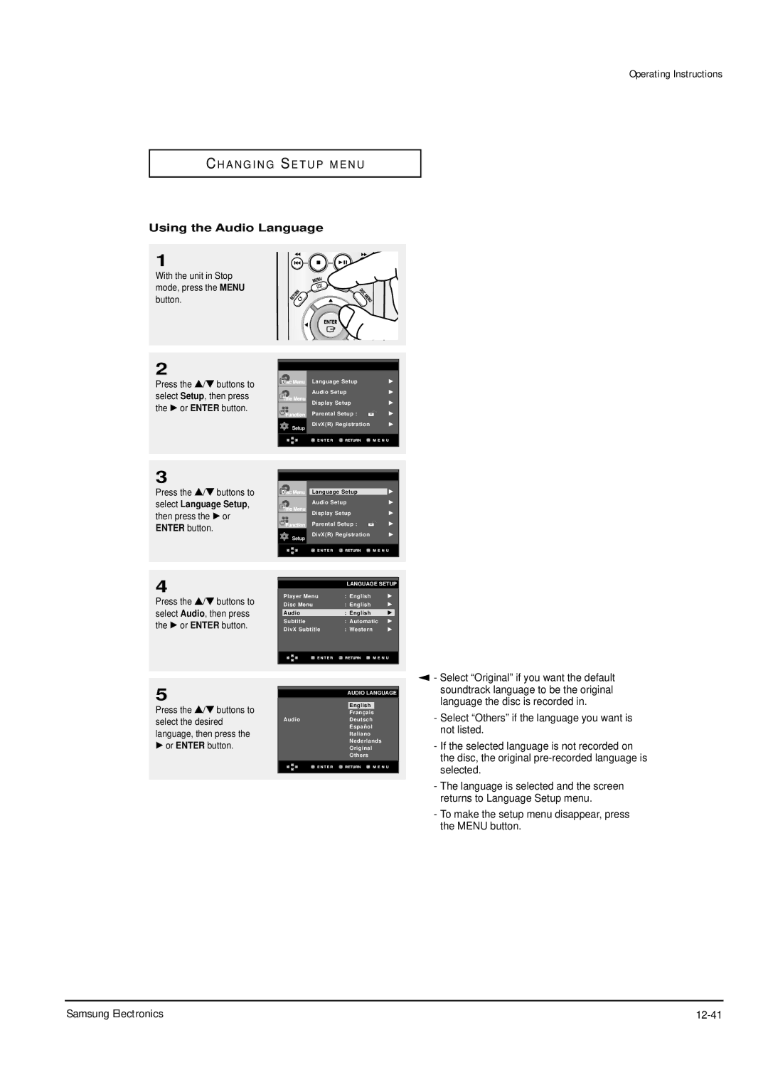 Samsung DVD-P355B/XEL, DVD-P355B/XEU, DVD-P355B/XEH, DVD-P355B/XEG Samsung Electronics 12-41, Using the Audio Language 