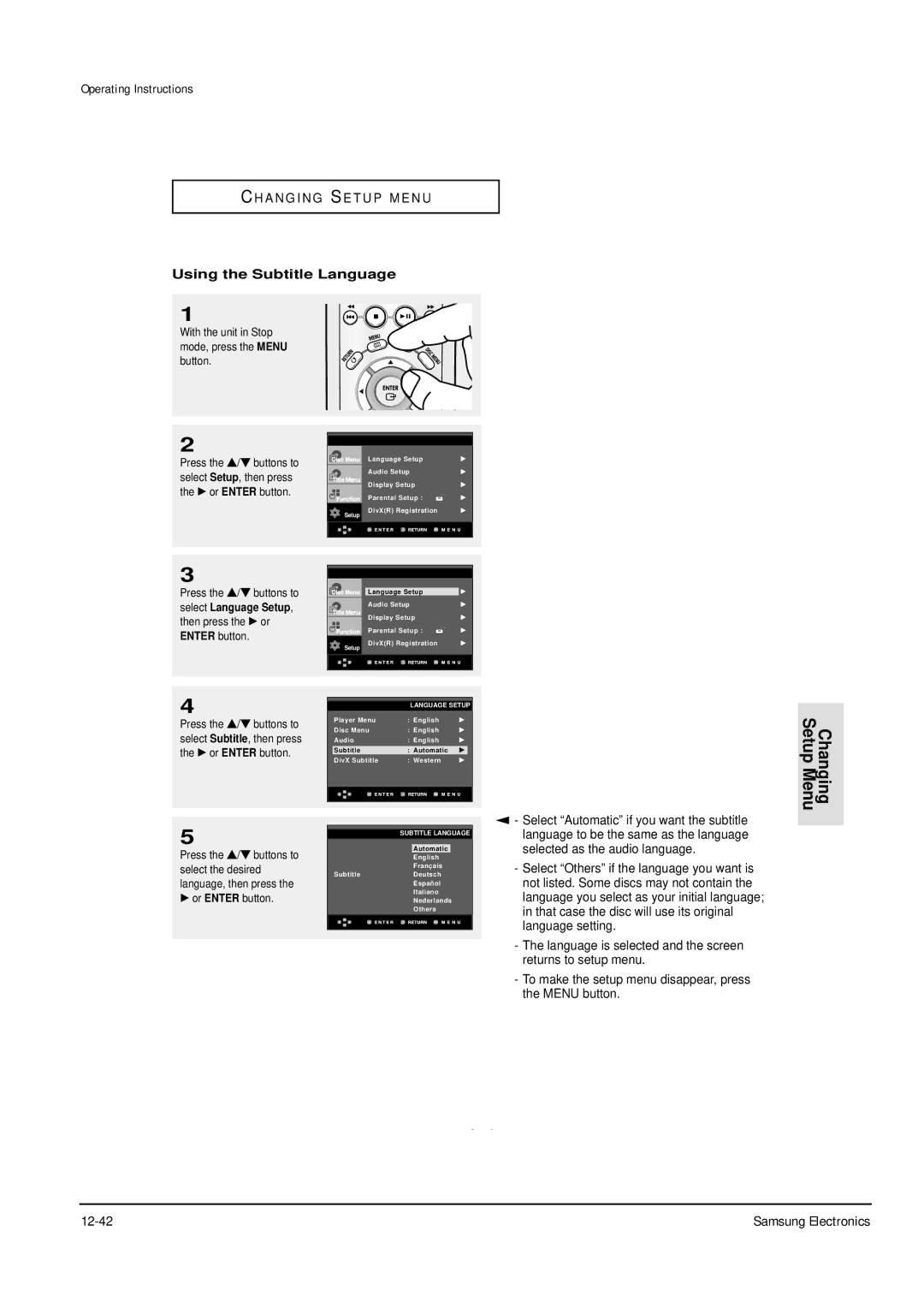 Samsung DVD-P355B/FOU, DVD-P355B/XEU, DVD-P355B/XEH, DVD-P355B/XEG Using the Subtitle Language, Select Language Setup 