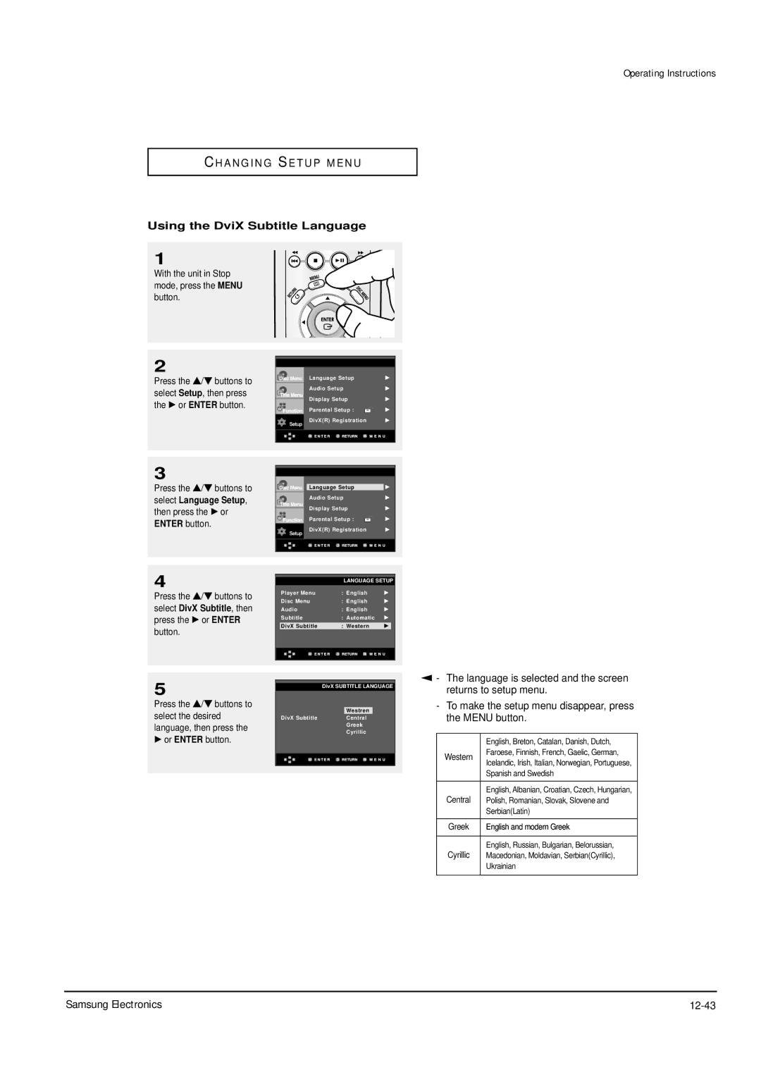 Samsung DVD-P355B/XEV, DVD-P355B/XEU, DVD-P355B/XEH Samsung Electronics 12-43, Using the DviX Subtitle Language 