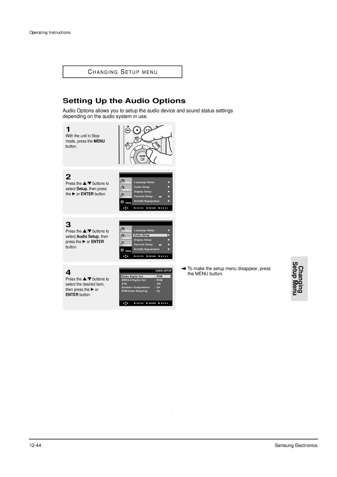 Samsung DVD-P355B/XEU, DVD-P355B/XEH, DVD-P355B/XEG, DVD-P355B/XET, DVD-P355B/XEE, DVD-P355B/XEL Setting Up the Audio Options 